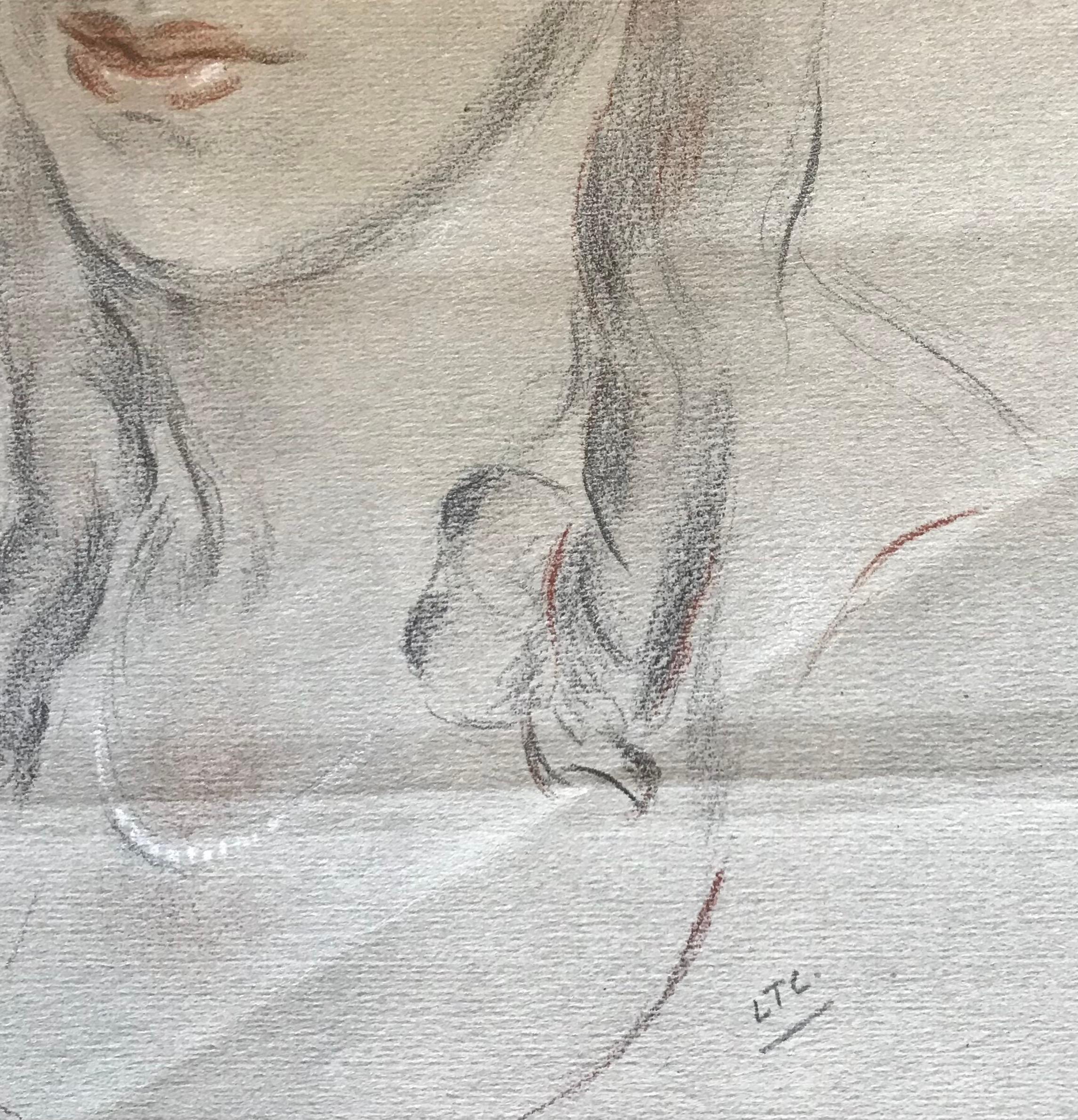 Young woman Drawing on paper 23x32 cm - Academic Art by Unknown