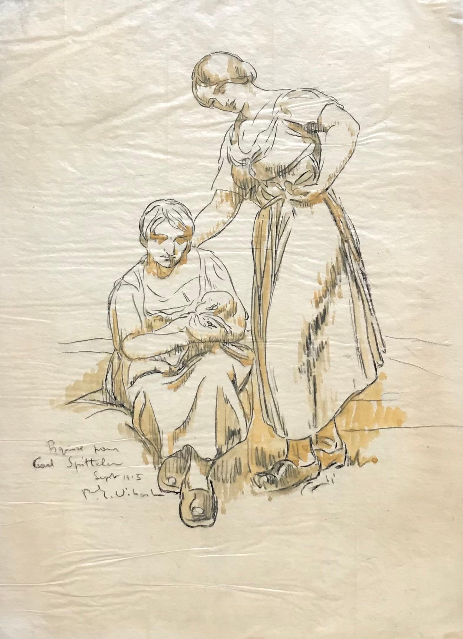 Sketch of women and infant by P.E Vibert - Drawing 41x29 cm