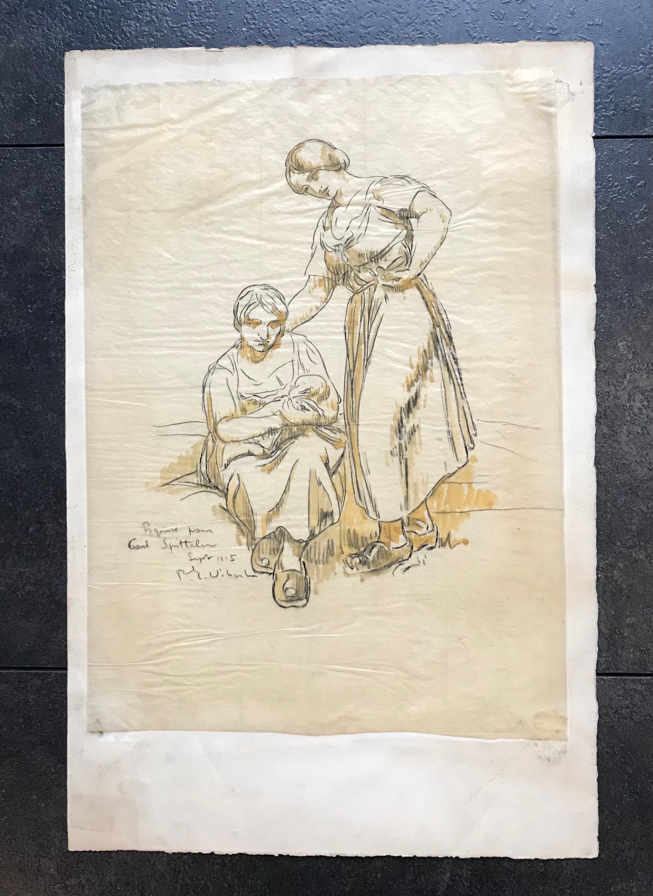 Sketch of women and infant by P.E Vibert - Drawing 41x29 cm - Art by Pierre Eugène Vibert
