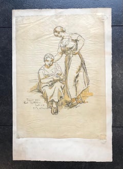 Sketch of Women and infant by P.E Vibert - Drawing 41x29 cm
