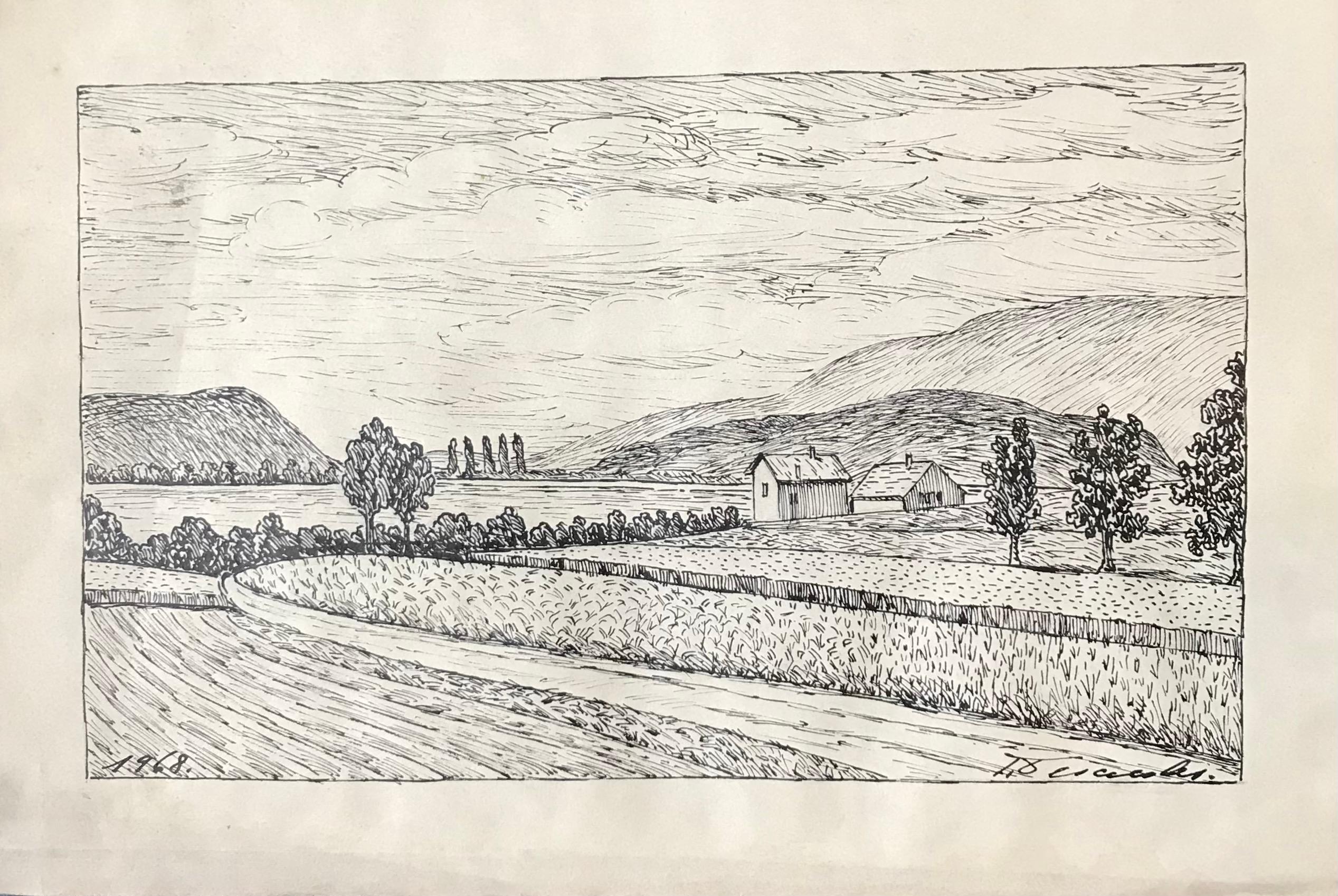 Geneva countryside and Lake Bienne, Switzerland by Pierre Desaules drawing 20x29