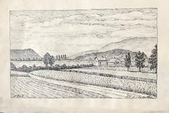 Geneva countryside and Lake Bienne, Switzerland by Pierre Desaules drawing 20x29