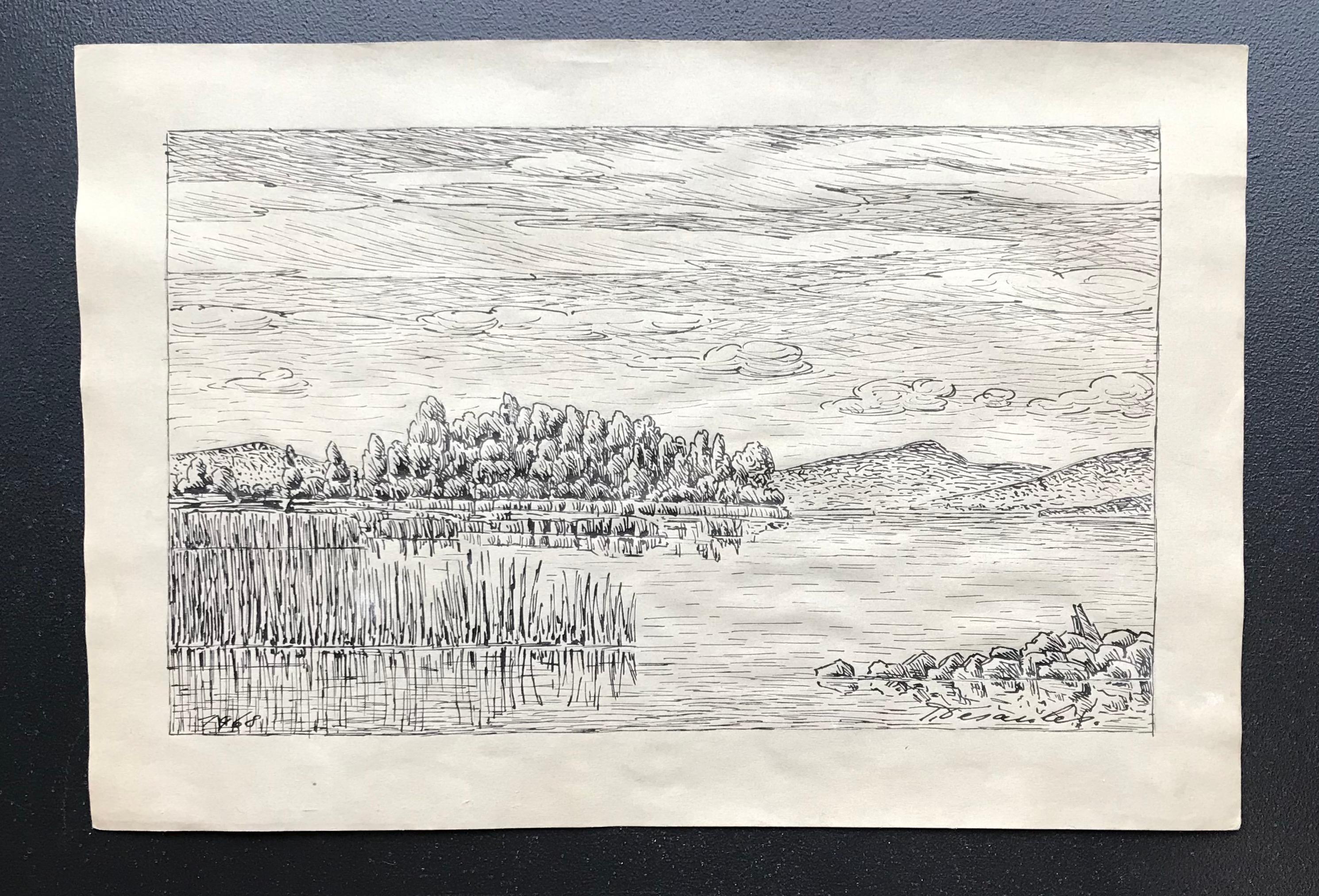 Neuenburgersee, Schweiz von Pierre Desaules - Zeichnung 20x29 cm im Angebot 1