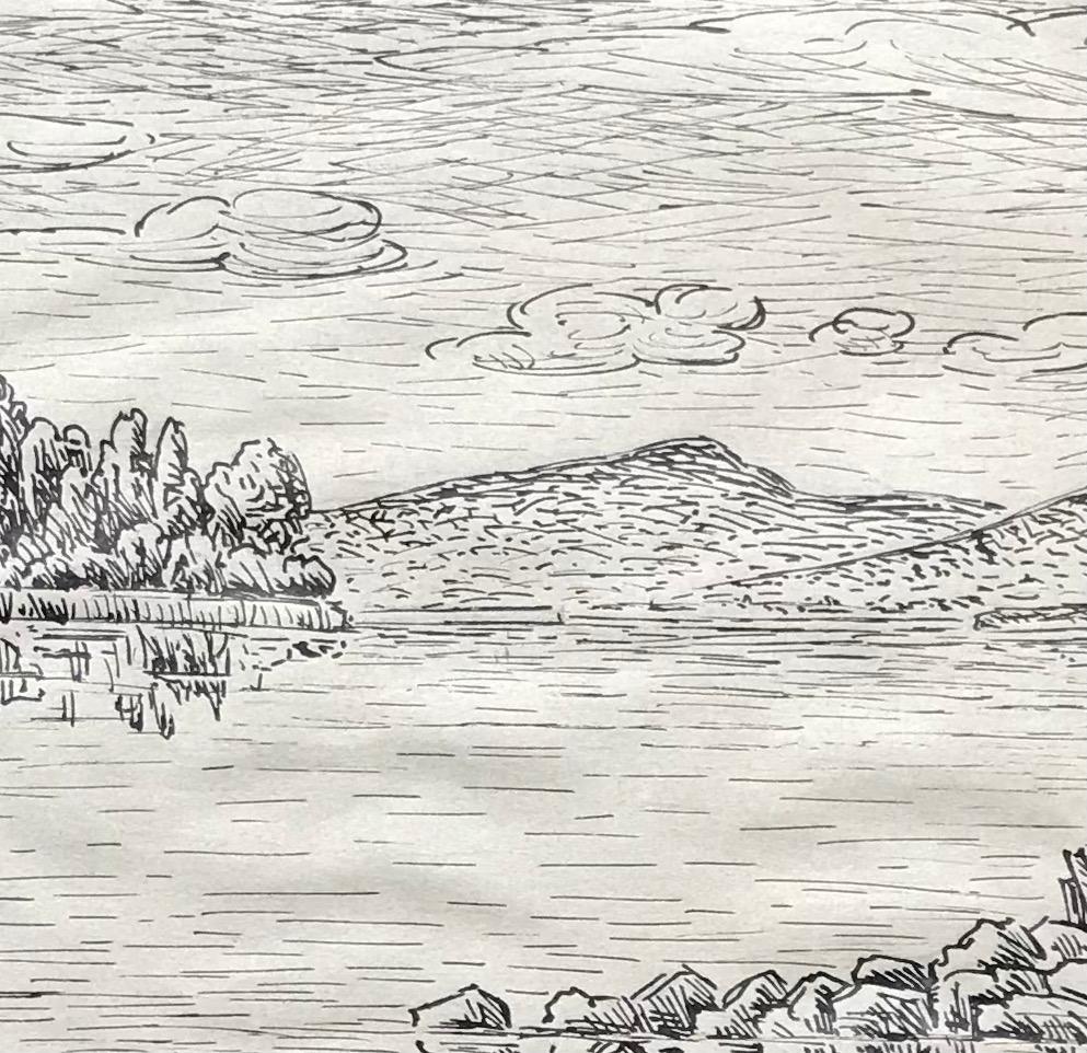 Lake Neuchâtel, Switzerland by Pierre Desaules - Drawing 20x29 cm For Sale 1