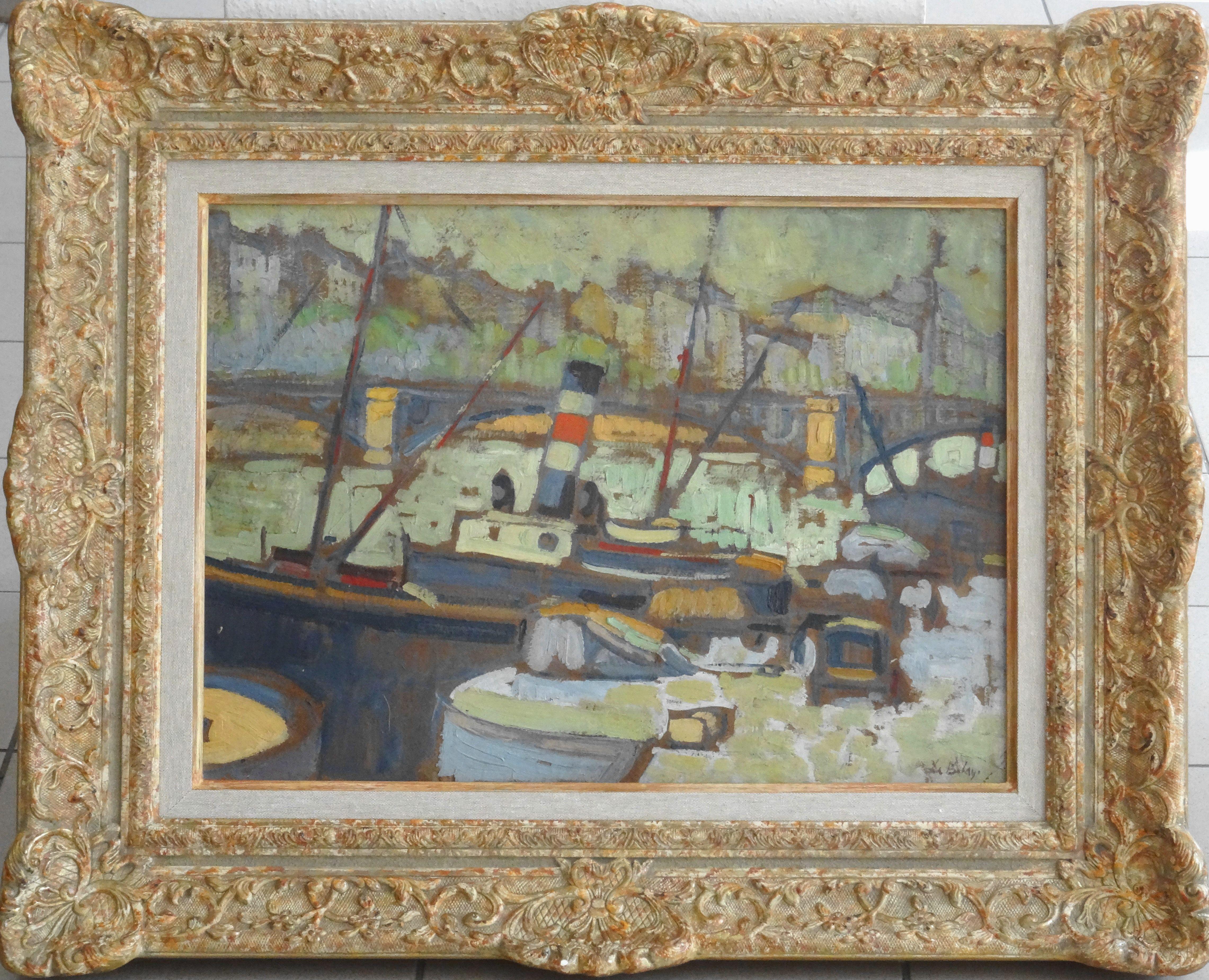 Paris, Seine. 1918/19, oil on cardboard, 38x52 cm - Painting by Pierre De Belay