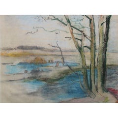 Flooded river. 1950s. Paper, pastel. 26.5x35.5 cm