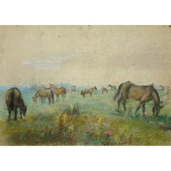 Pâturage des chevaux. 1950s. Papier, pastel, 29,5x42,3 cm