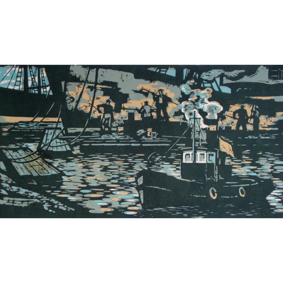 Josif Elgurt Landscape Art - Shipbuilding in Mangali. 1965, paper, linocut, 45x83 cm