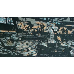 Shipbuilding in Mangali. 1965, paper, linocut, 45x83 cm