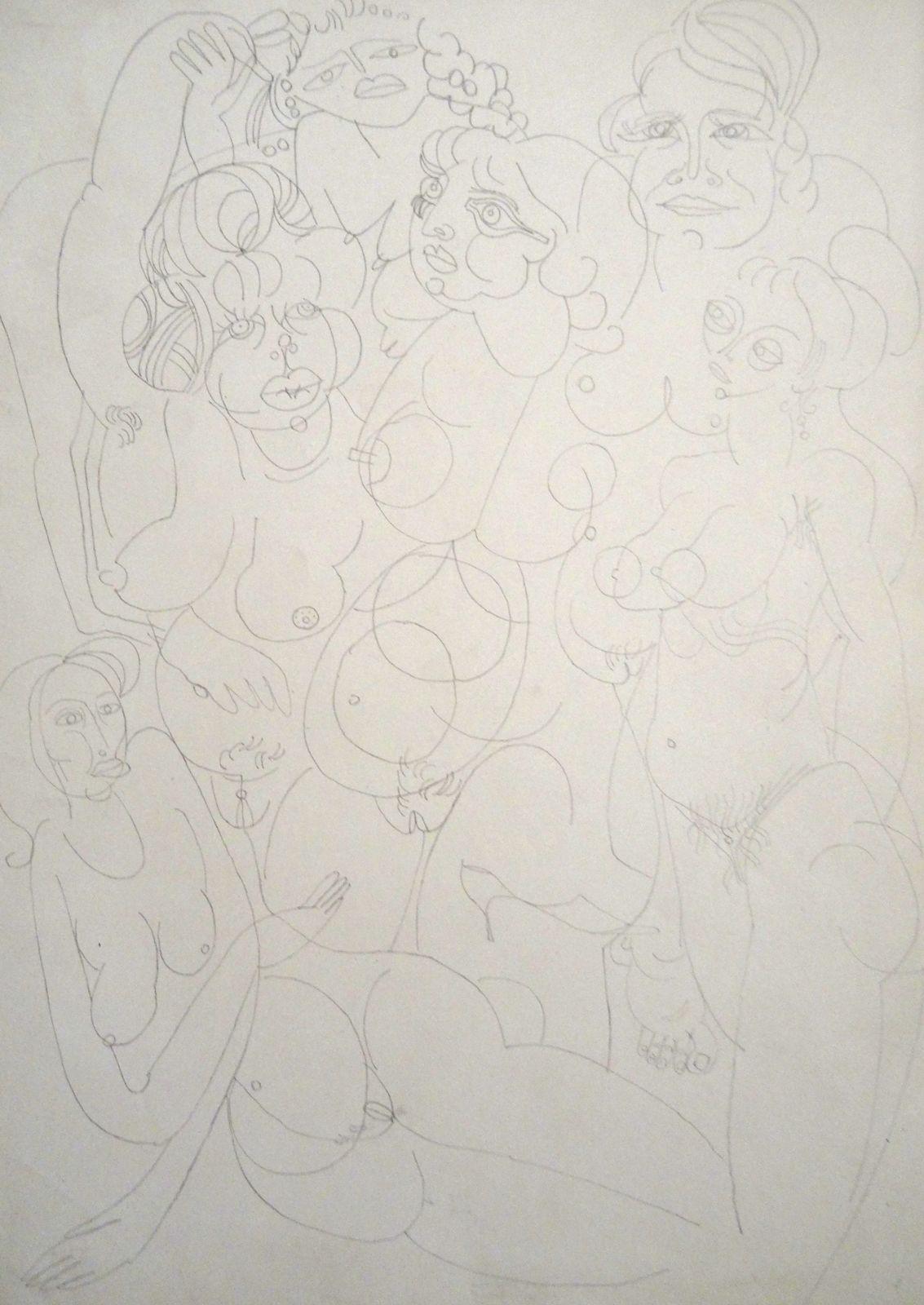 Komposition mit Frauen. 1968. Papier, Bleistift, 35x24.5 cm – Art von Vladimir Glushenkov 