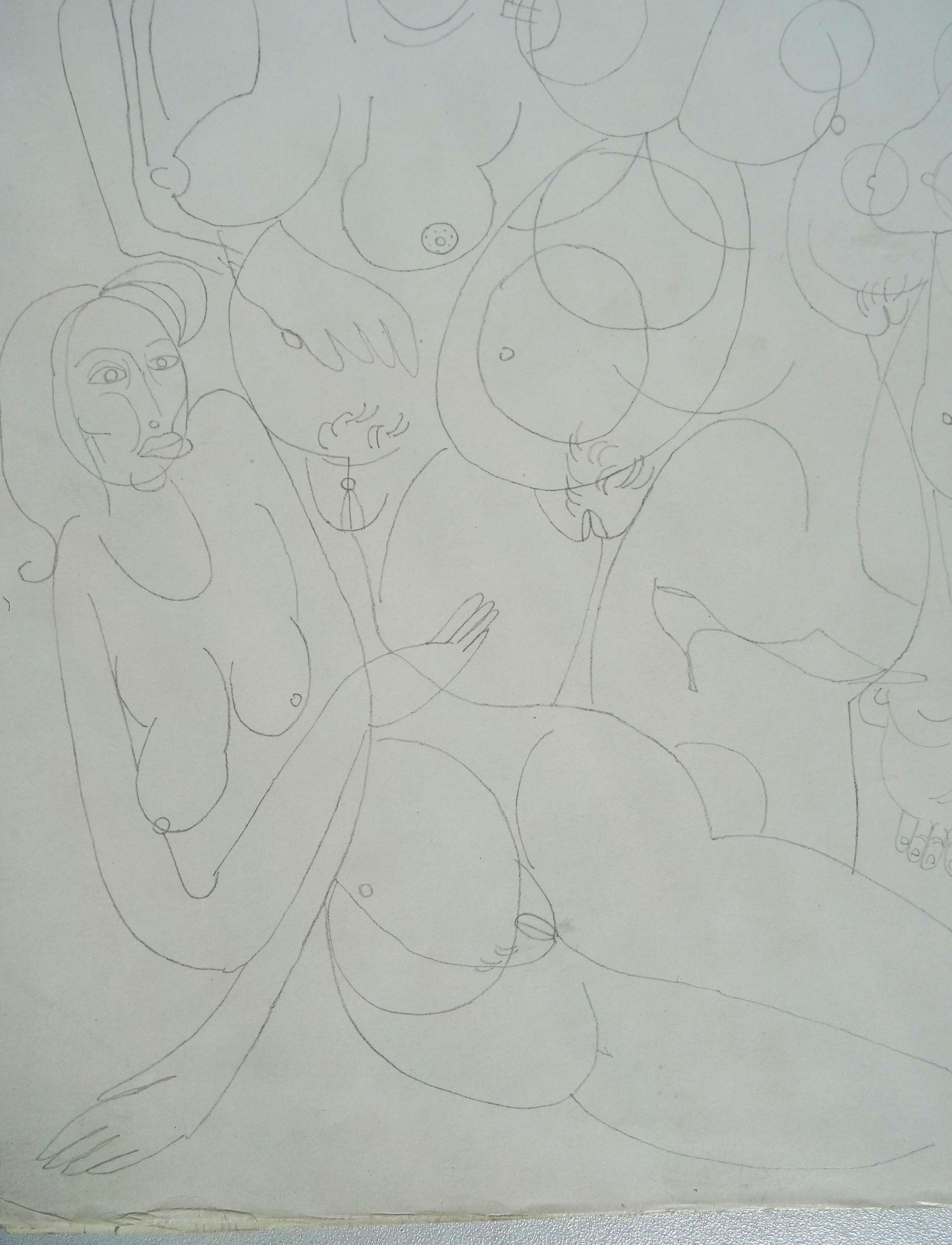 Komposition mit Frauen. 1968. Papier, Bleistift, 35x24.5 cm (Grau), Abstract Drawing, von Vladimir Glushenkov 