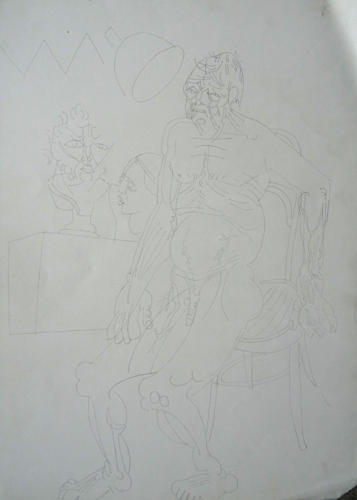 Man`s study. 1968. Paper, pencil, 35x25 cm - Art by Vladimir Glushenkov 