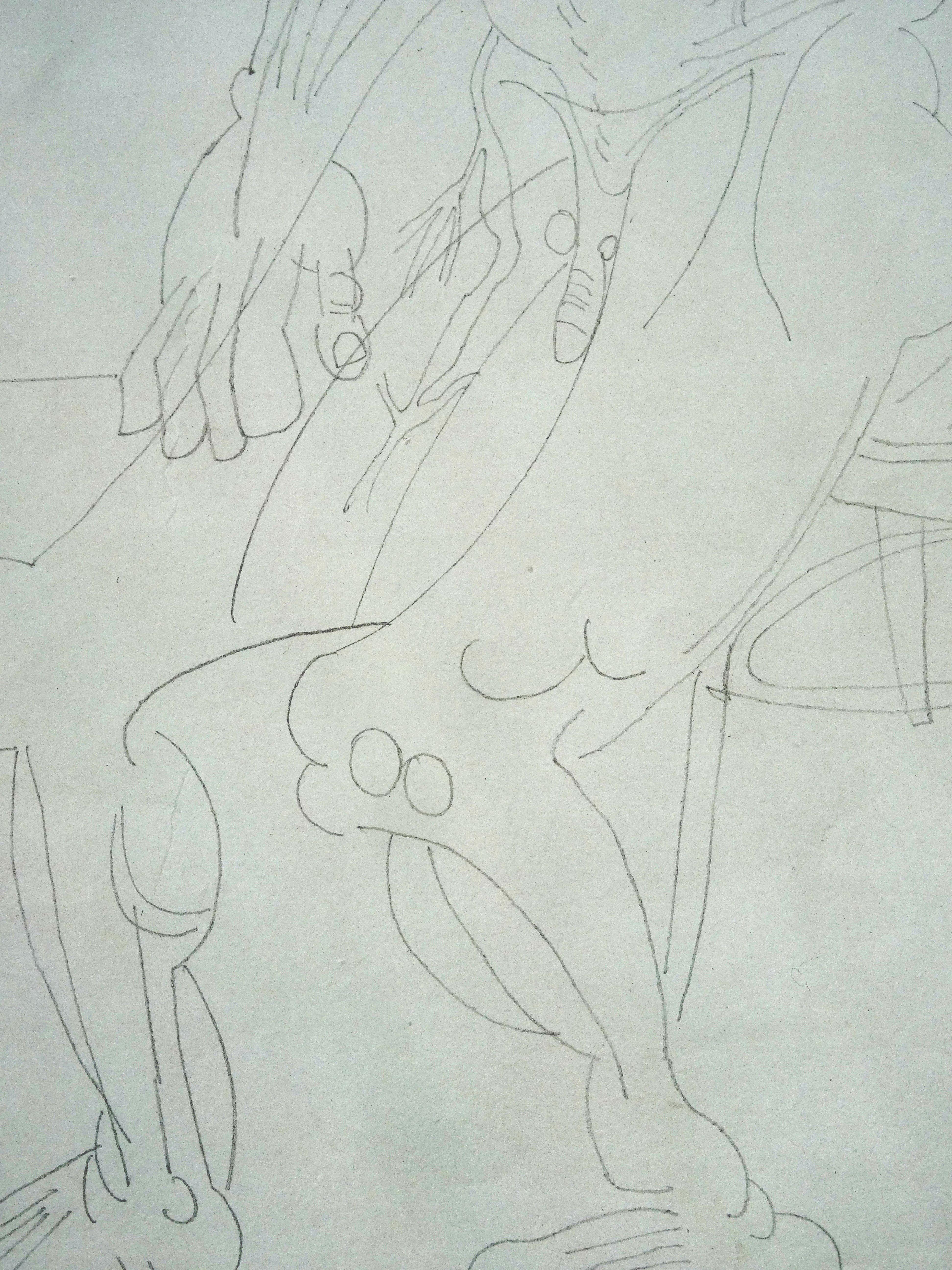 L'étude de l'homme. 1968. Papier, crayon, 35 x 25 cm - Gris Abstract Drawing par Vladimir Glushenkov 