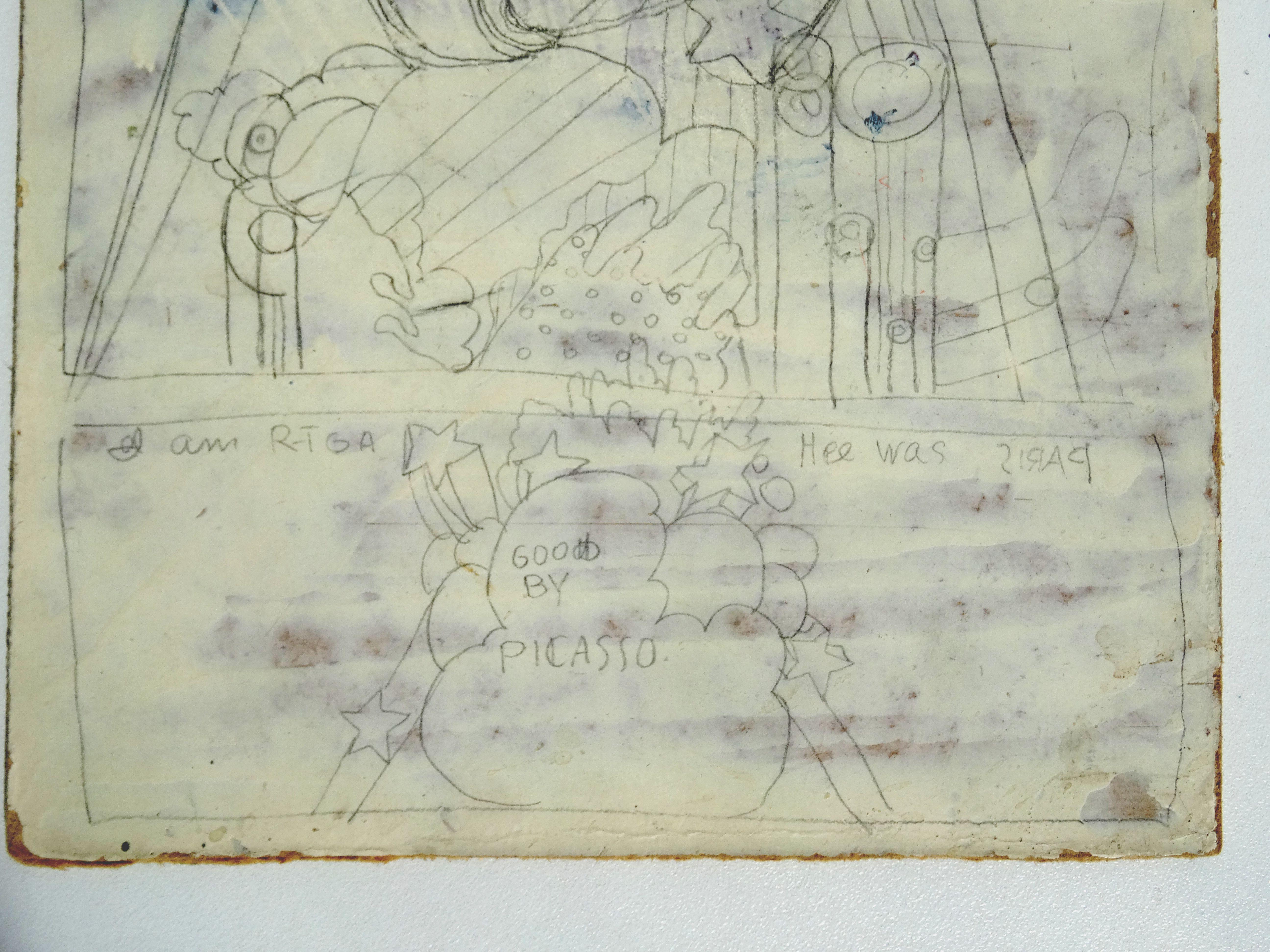 Auf Wiedersehen Picasso. Kartenkarton, Bleistift, 31x20 cm im Angebot 1