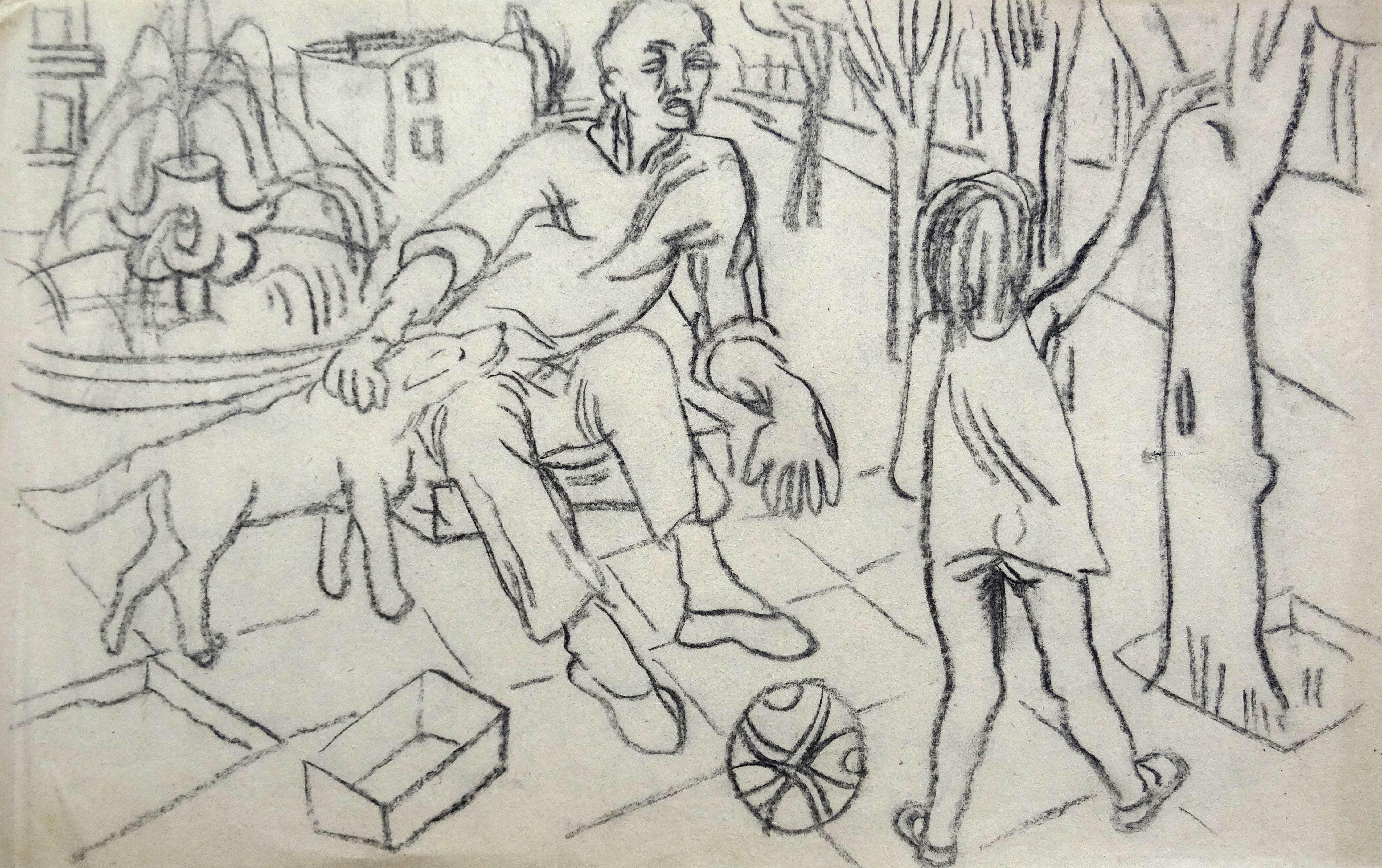 By the fountain. Paper, charcoal, 25x40 cm