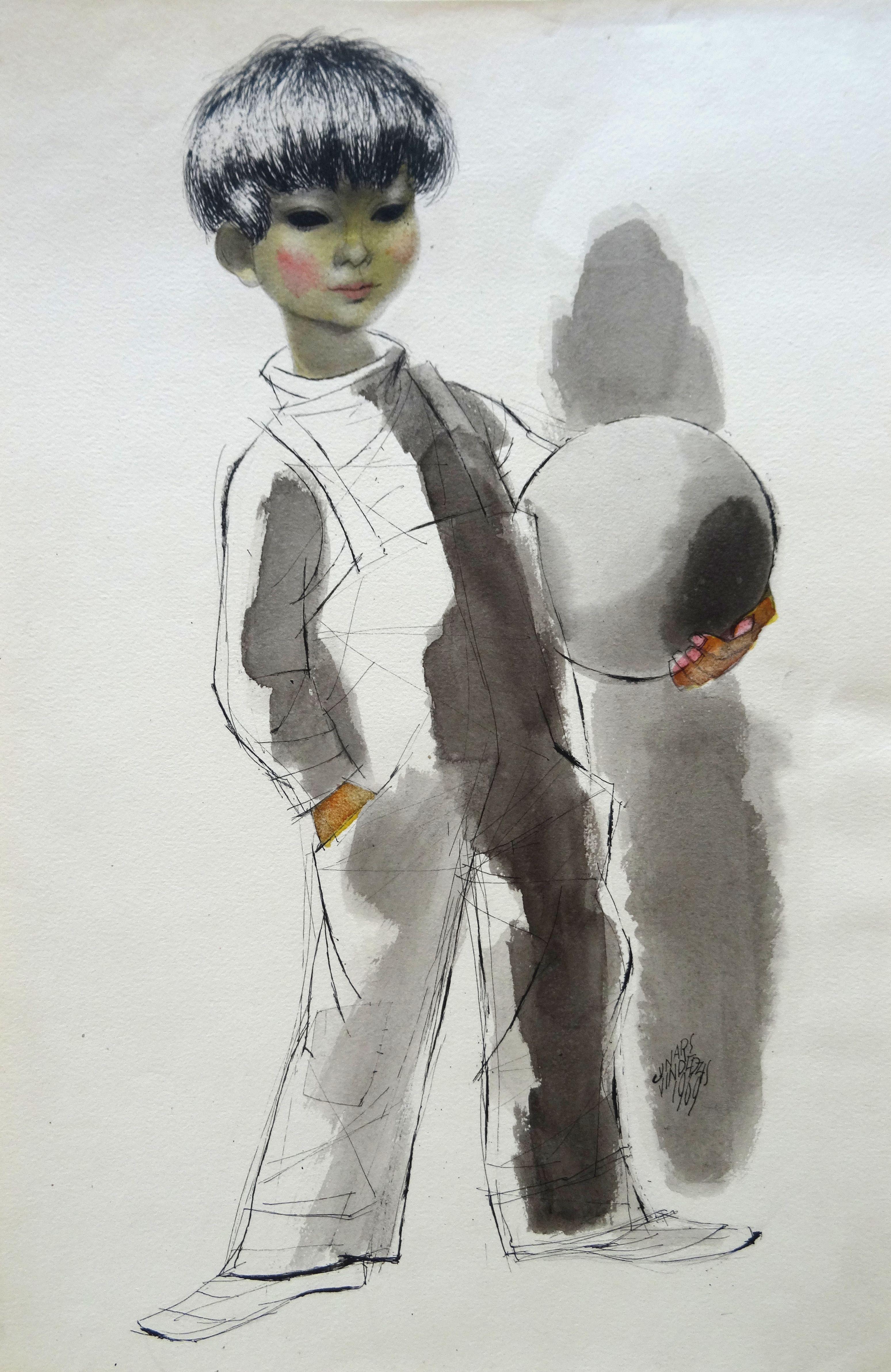 Gunars Vindedzis  Figurative Art - A boy with a ball. 1969. Paper, ink, watercolor, 36x23.5 cm