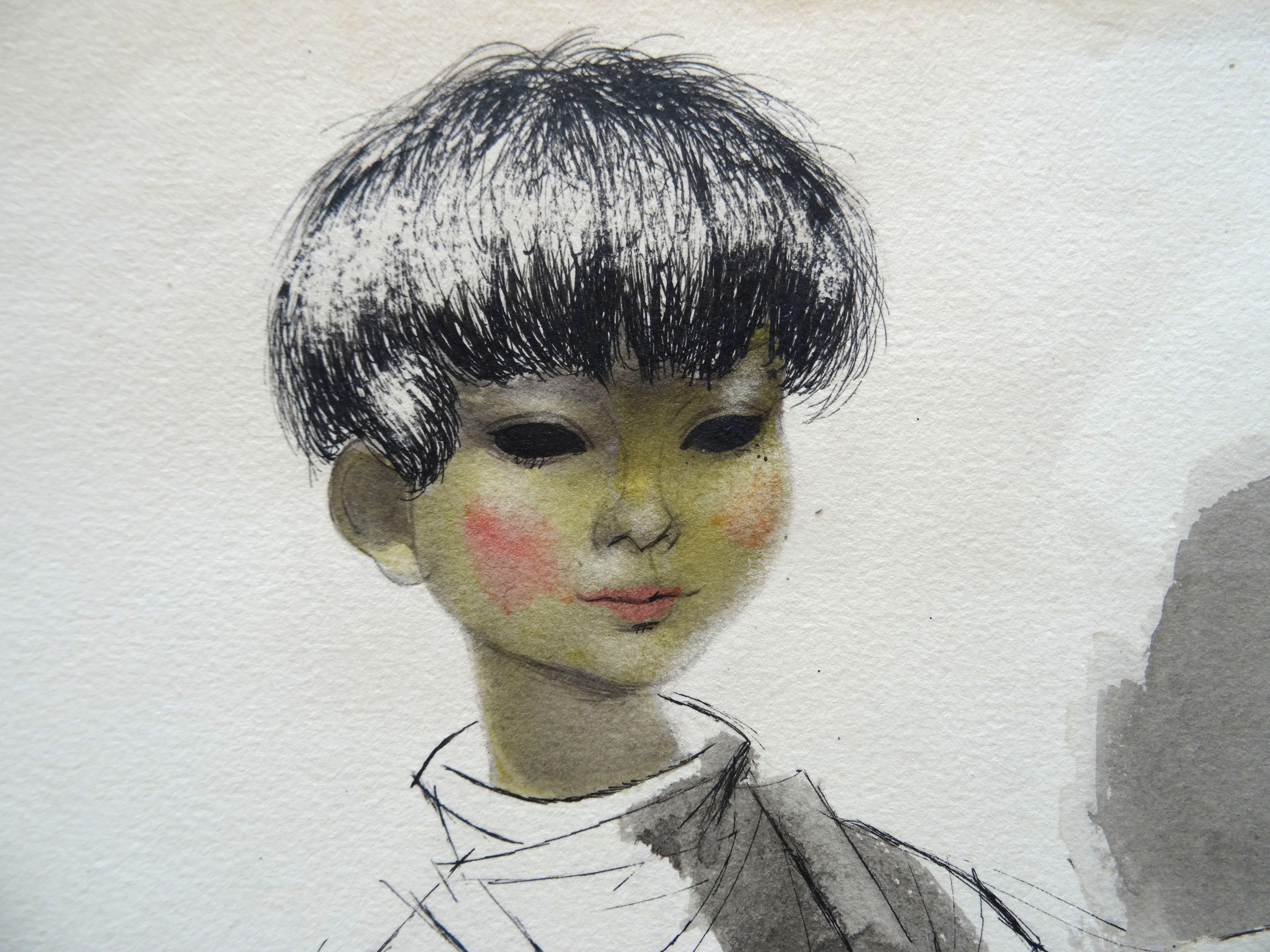 A boy with a ball. 1969. Paper, ink, watercolor, 36x23.5 cm - Realist Art by Gunars Vindedzis 