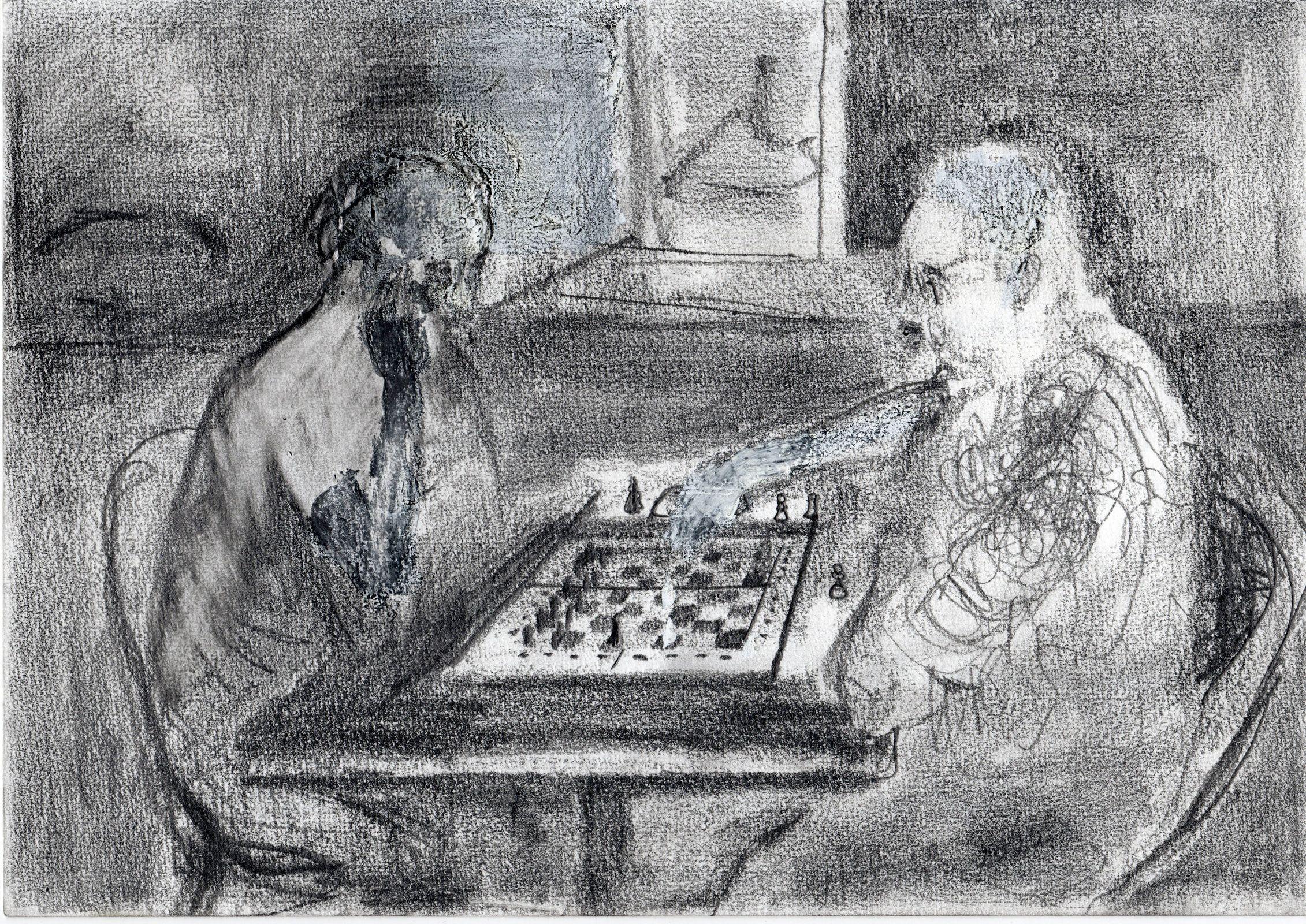 Liga Kalnina Figurative Art - Chess players  2022. Paper/pencil/corrector, 21x29.7 cm