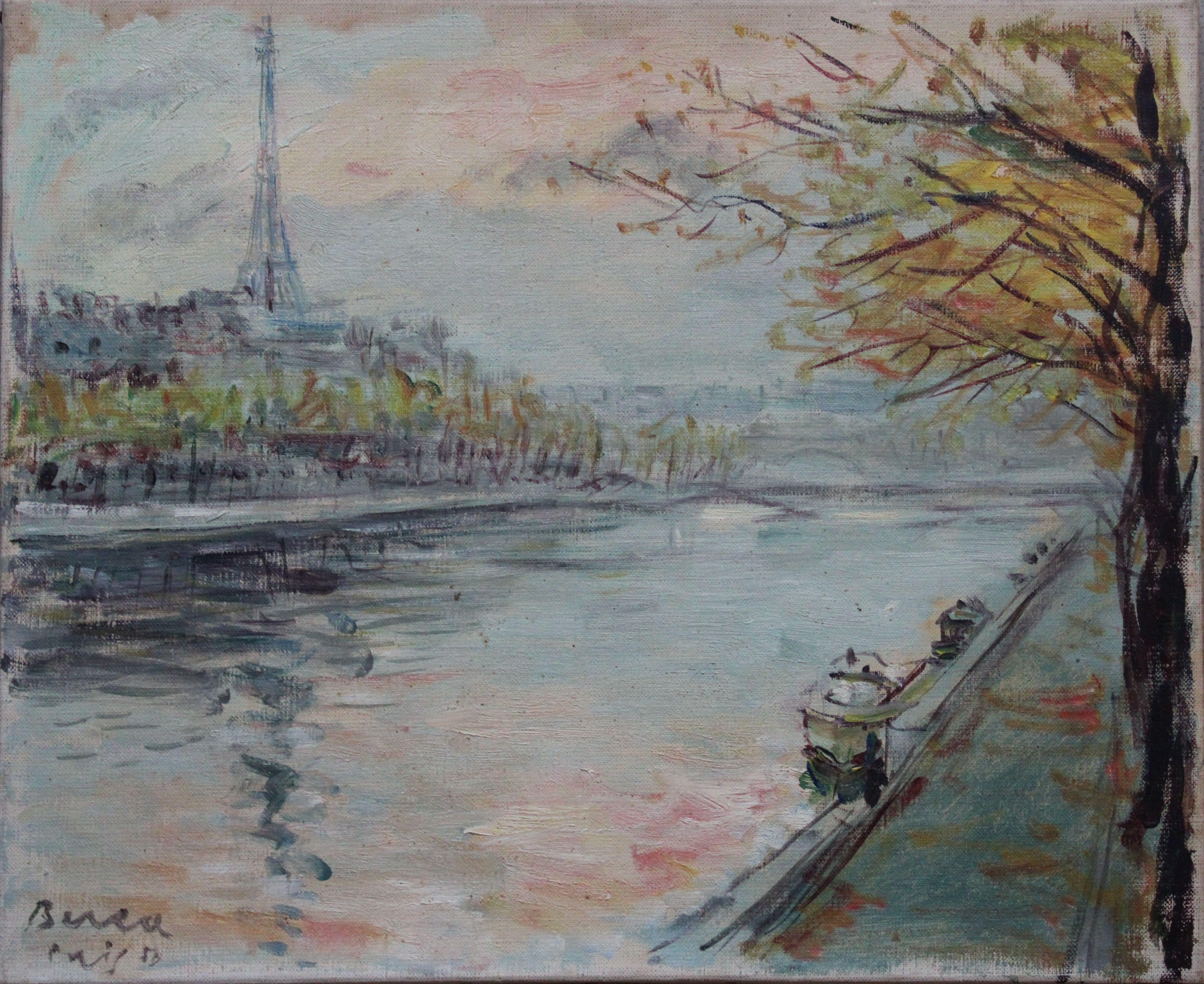 Paris, the docks and the Eiffel Tower Oil on canvas 38x46 cm - Art by Dimitrie Berea
