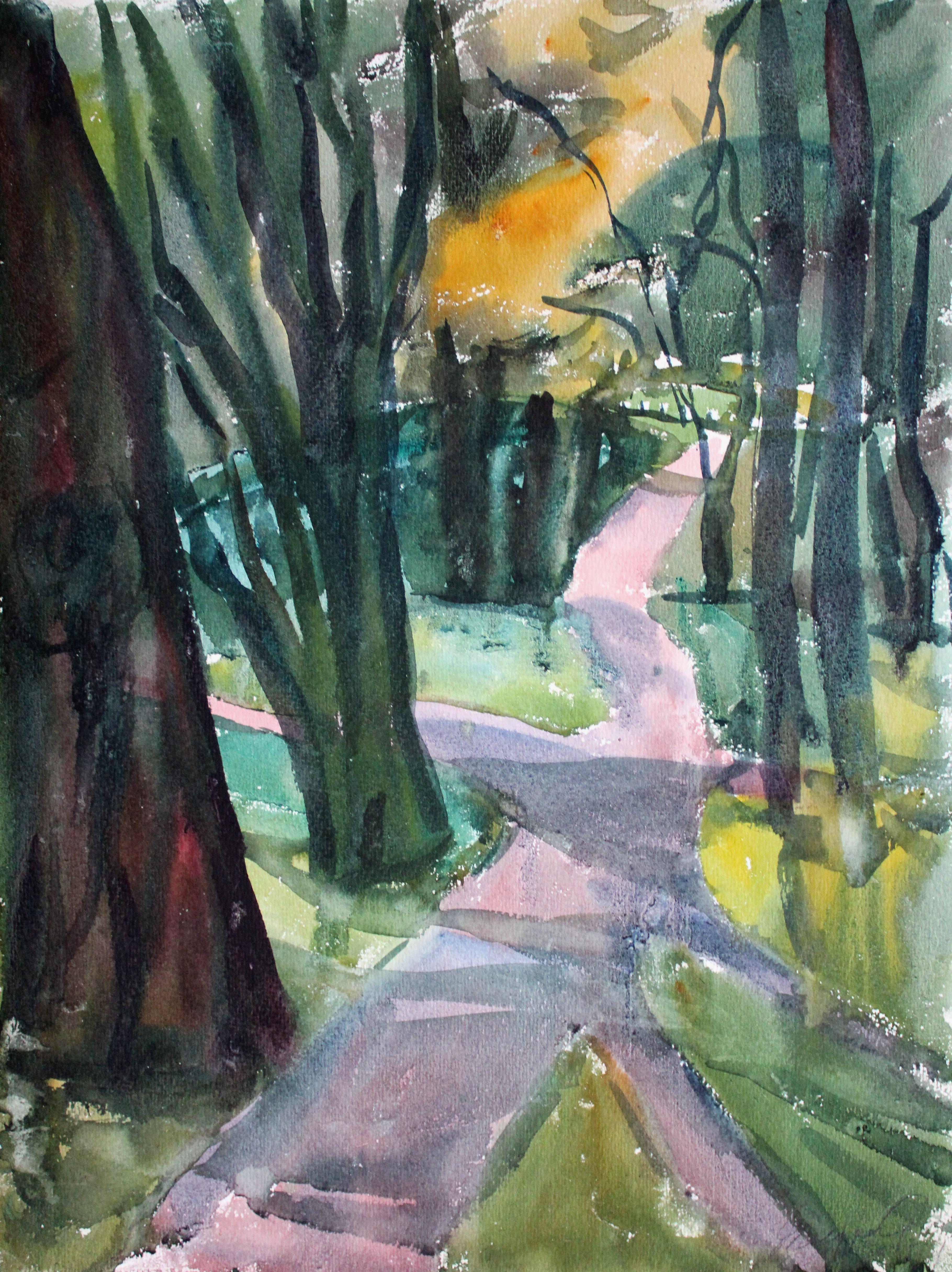 Dzidra Ezergaile Landscape Art - Crossroads. 1960s Watercolor on paper, 48x36 cm