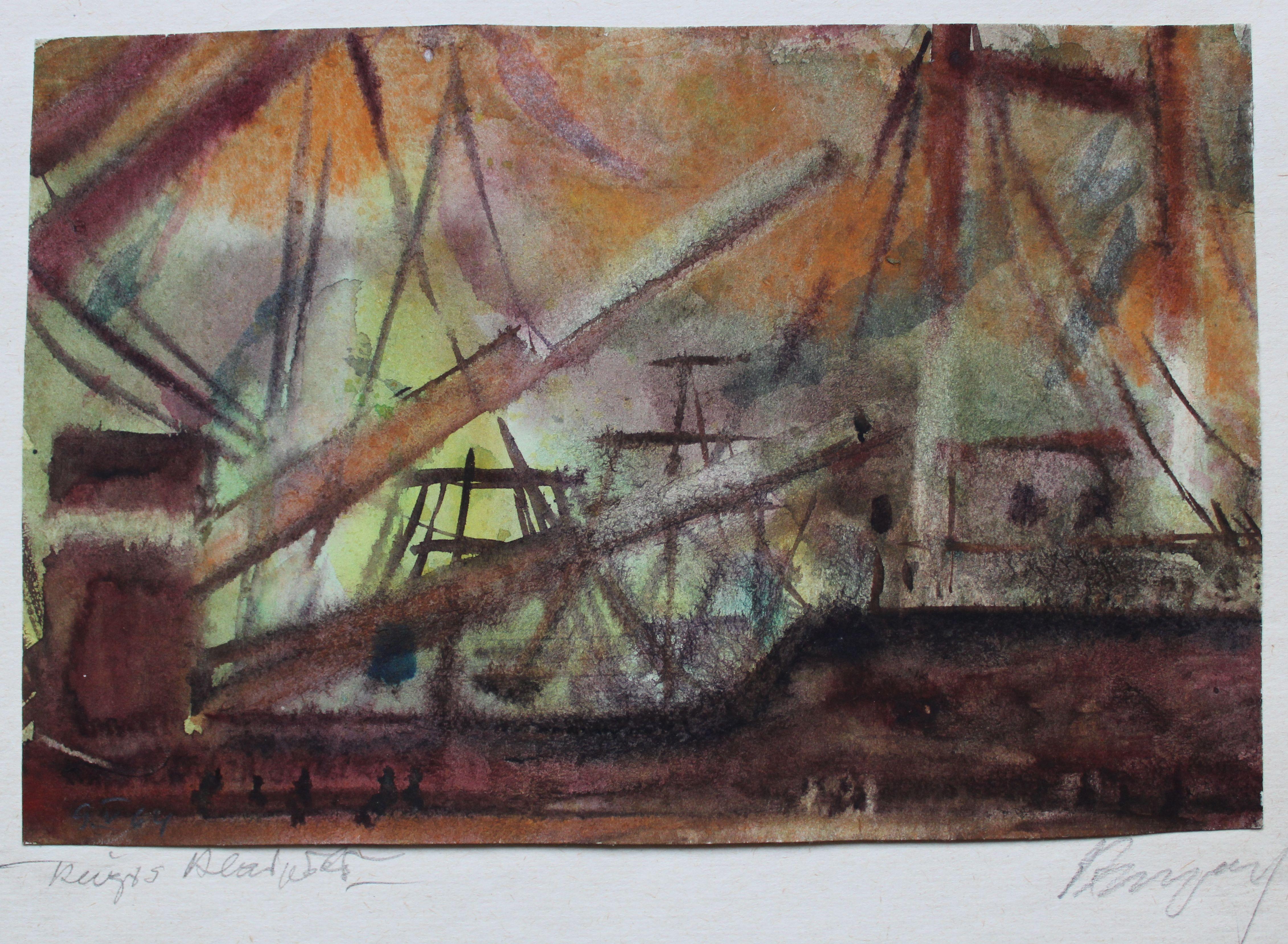 Ship. 1964. Watercolor on paper 13, 5x20, 5 cm - Painting by Dzidra Ezergaile