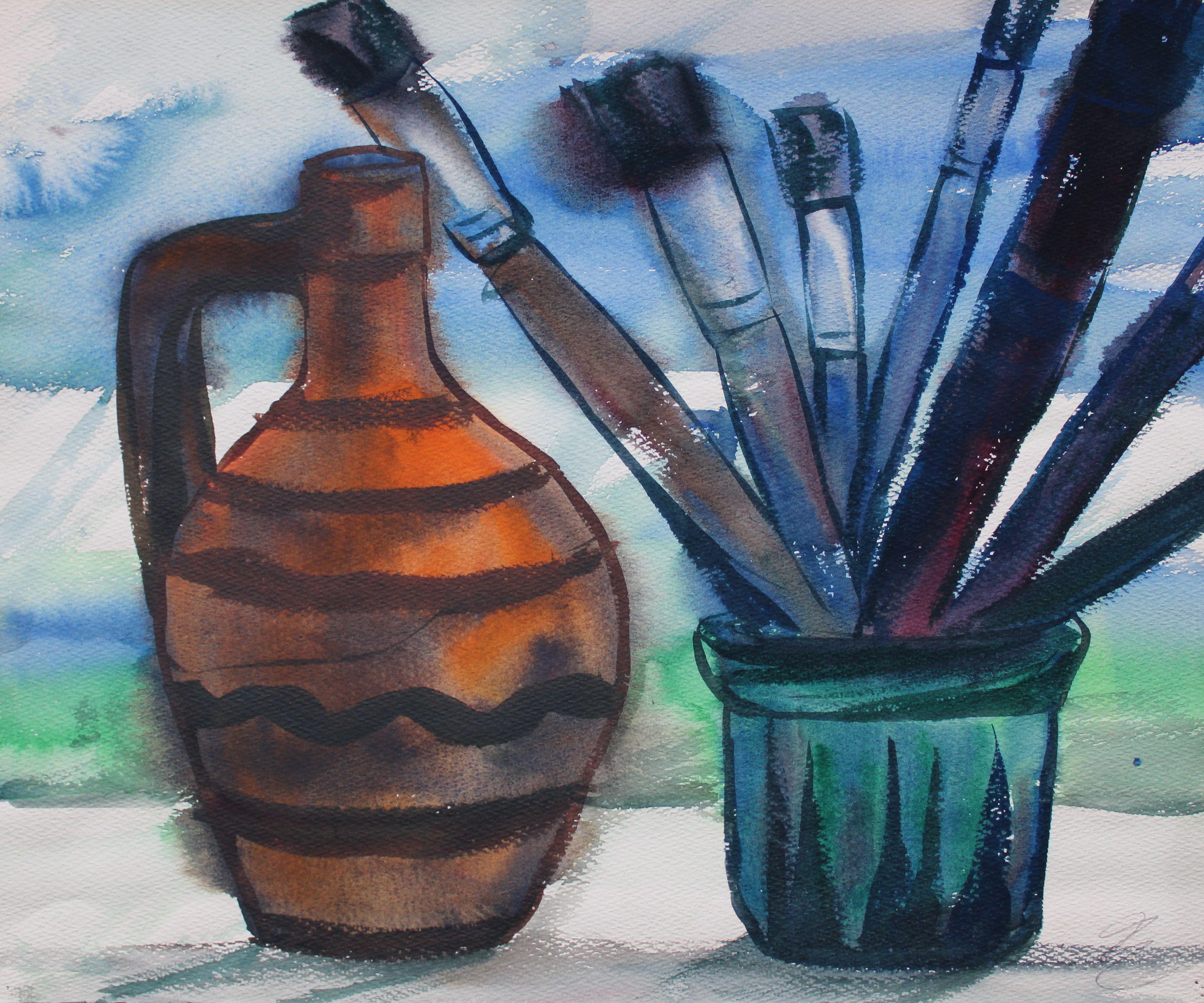 Still life with brushes. 1960s. Paper, watercolor, 32x39 cm