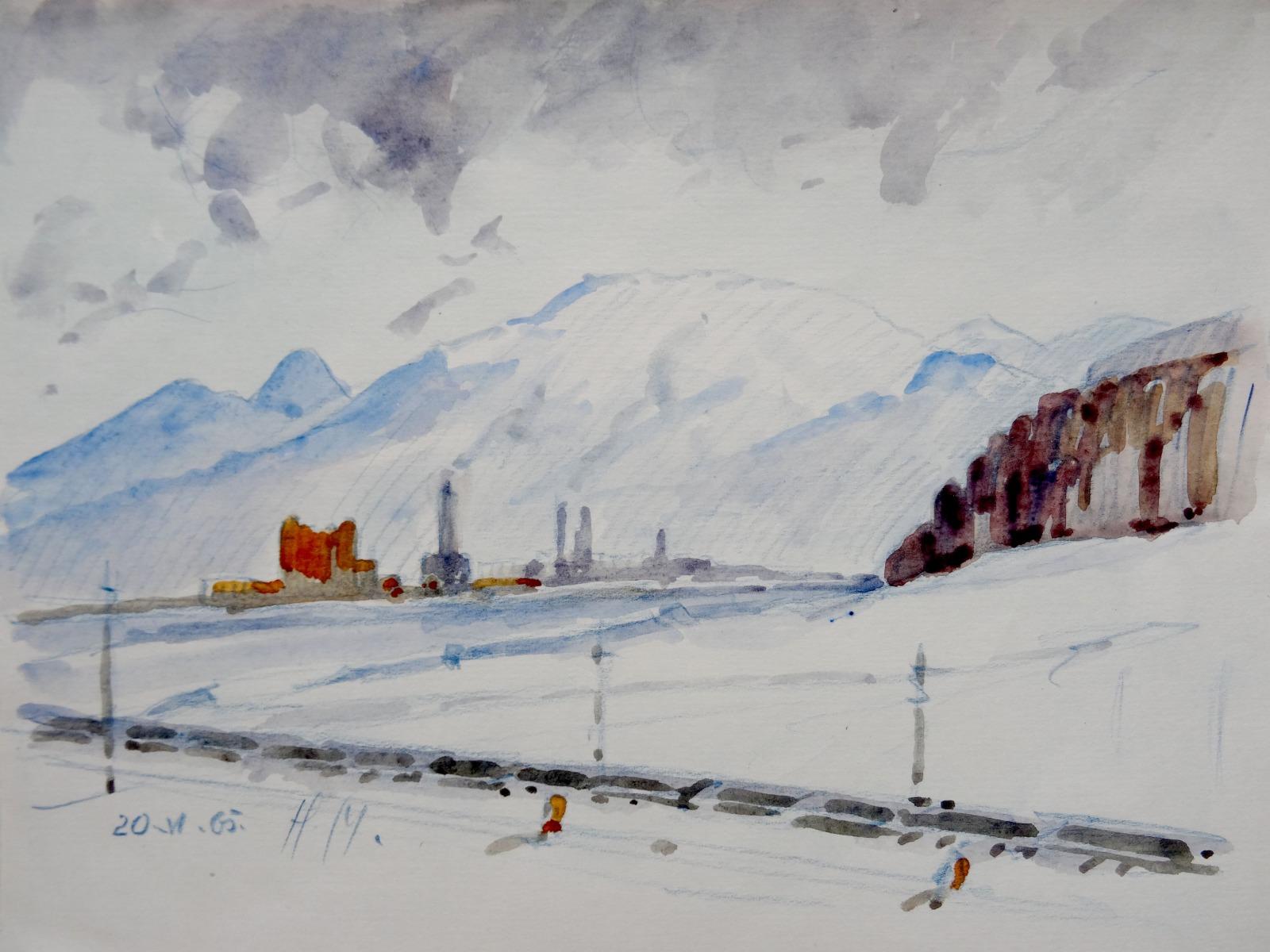 Herberts Mangolds Landscape Art - Winter landscape  1965, paper/watercolor., 20.5x27.5 cm