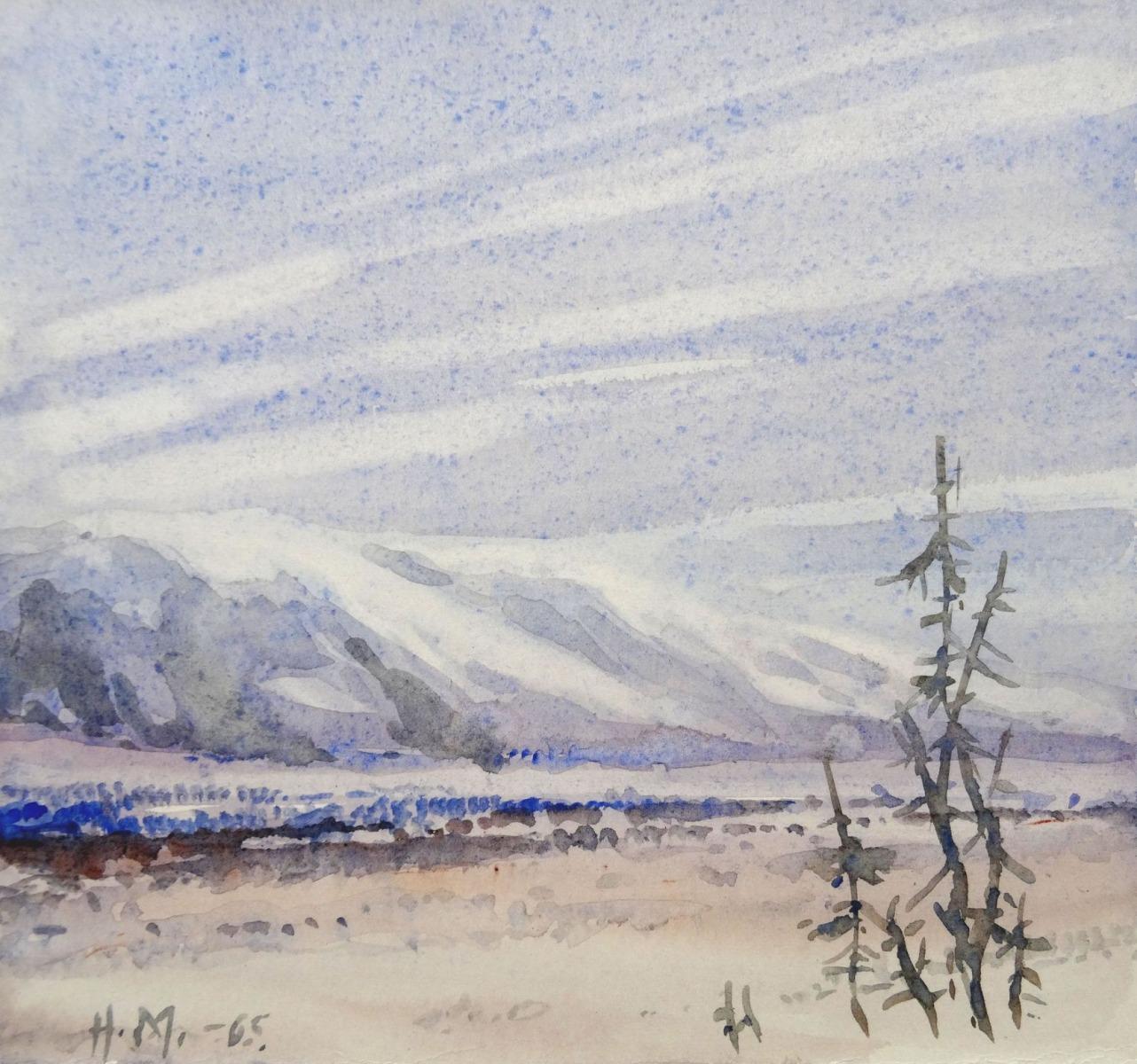 Herberts Mangolds Landscape Art - Landscape with mountains  1965, paper/watercolor, 17.5x18.5 cm