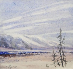 Landschaft mit Bergen und Bergen  1965, Papier/Aquarell, 17,5x18,5 cm