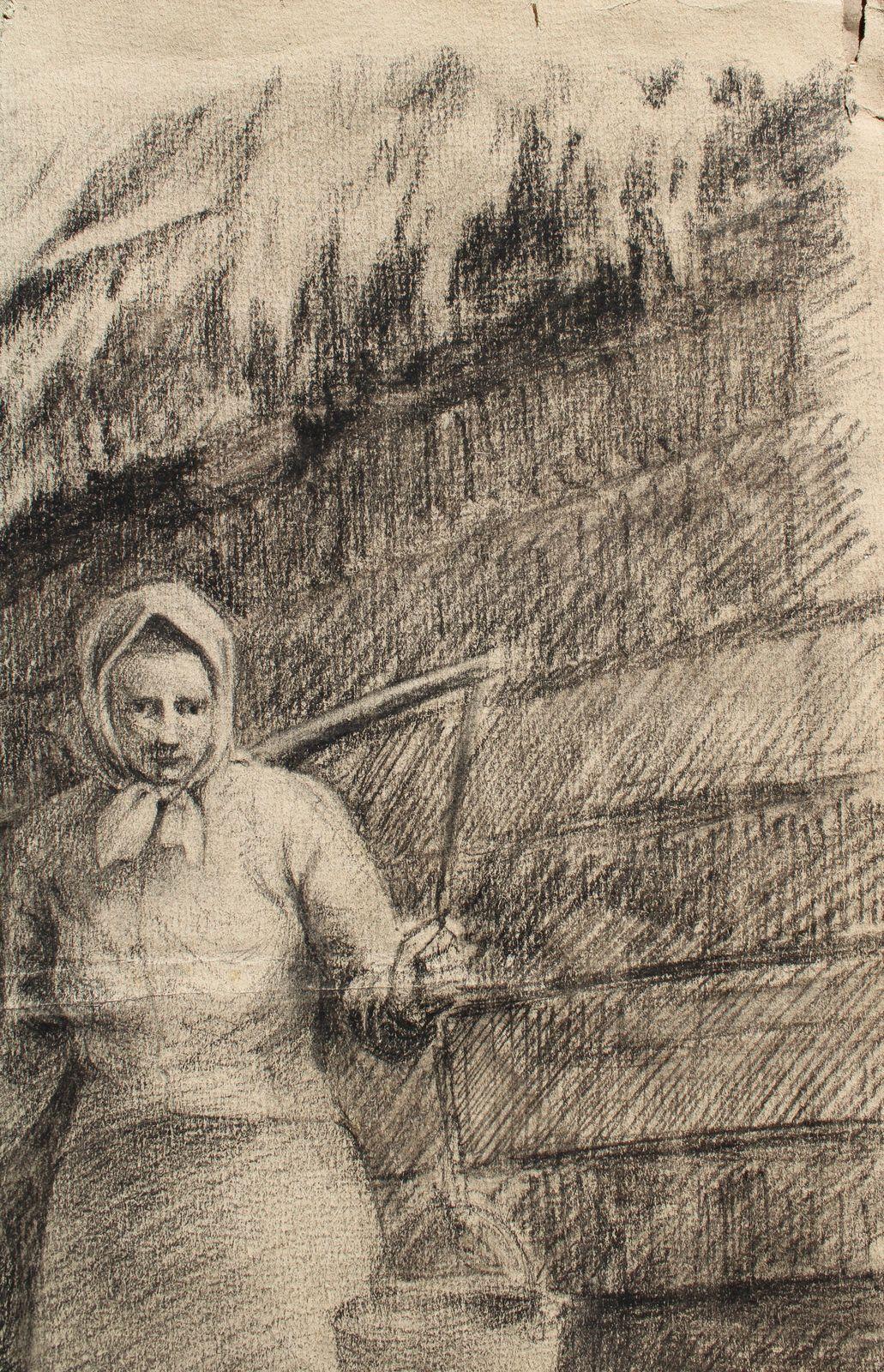 At the trough  Paper, charcoal, 51.5x34.5cm For Sale 2