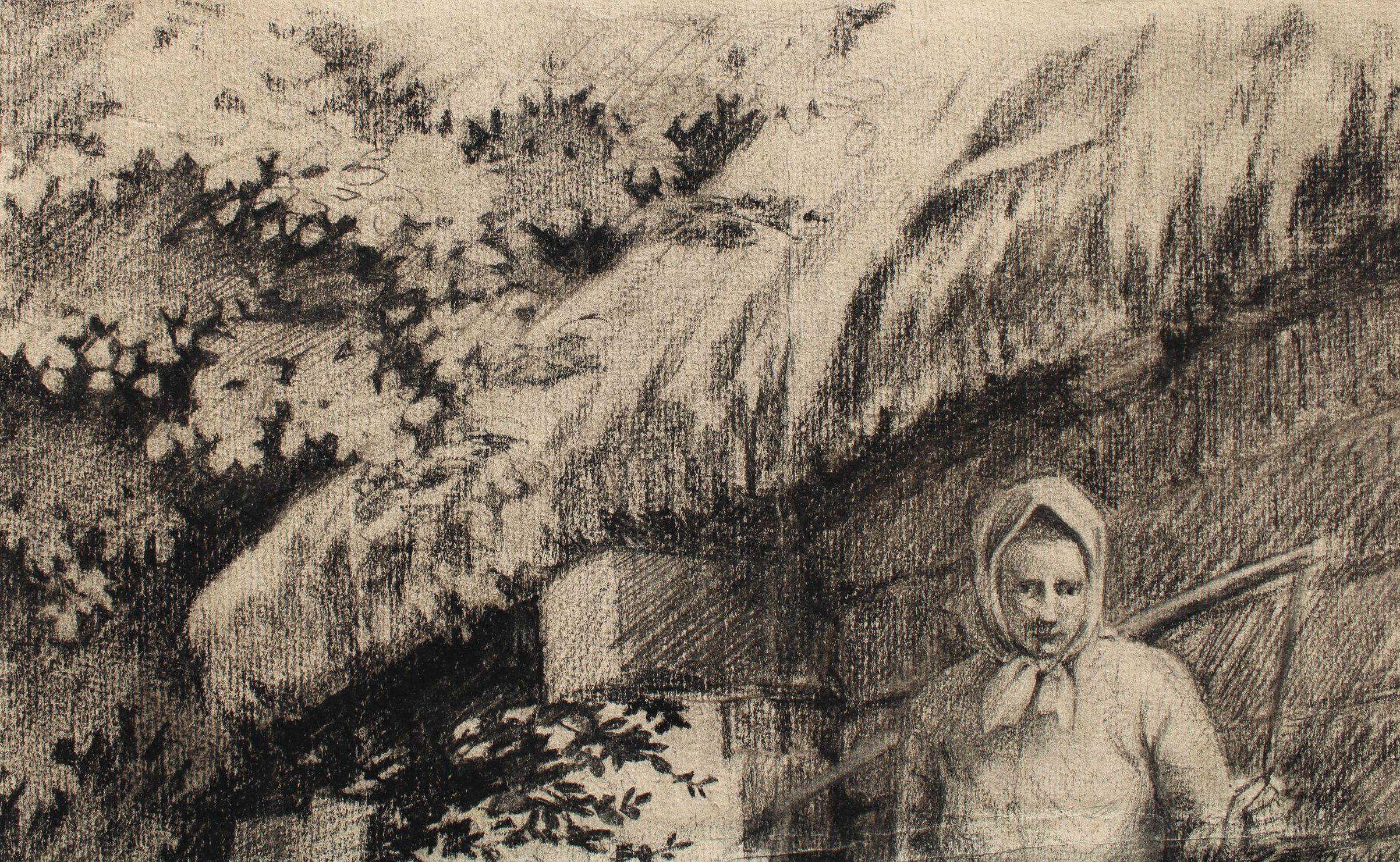 At the trough  Paper, charcoal, 51.5x34.5cm For Sale 1