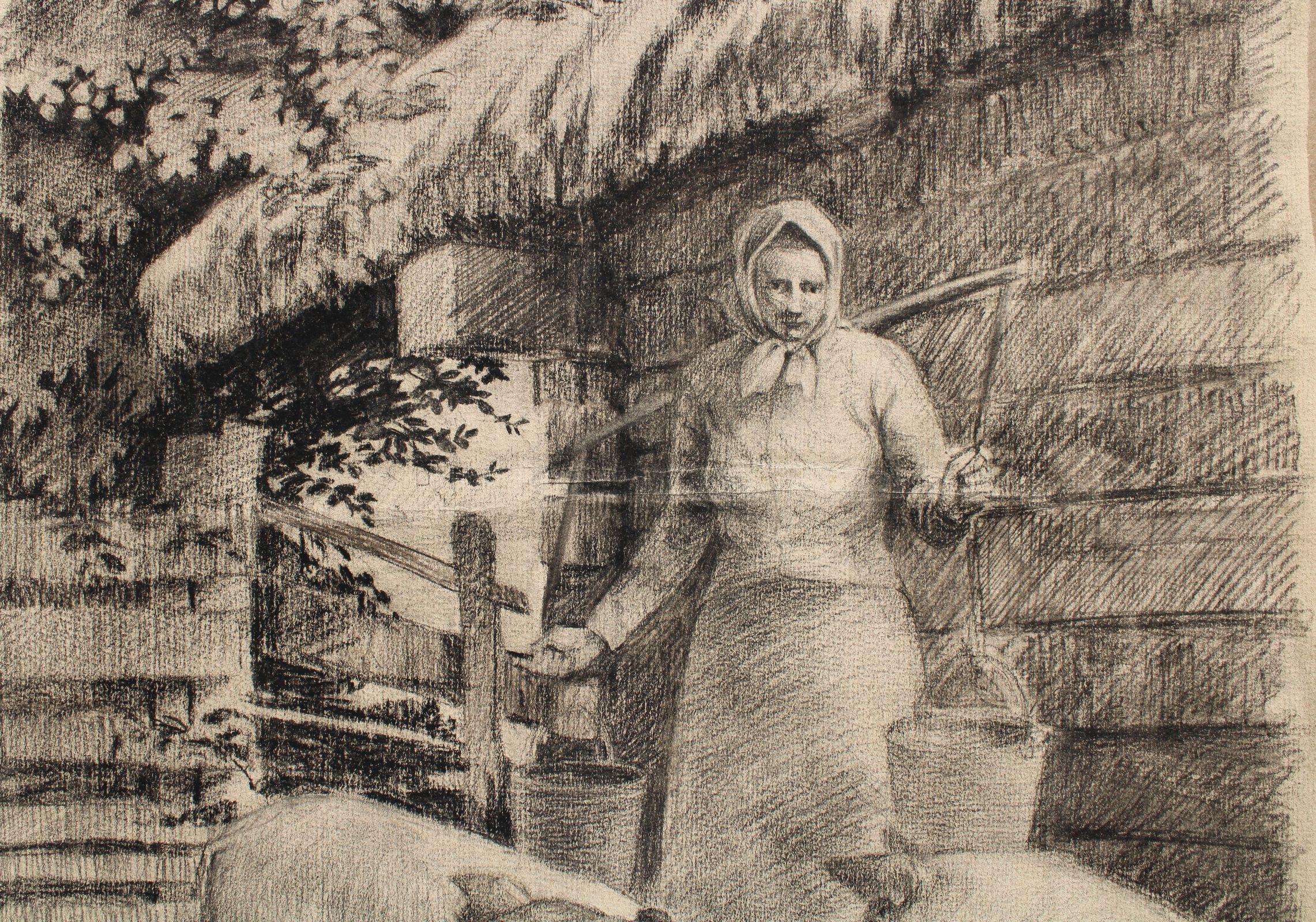 At the trough  Paper, charcoal, 51.5x34.5cm - Impressionist Art by Zigurds Gustins