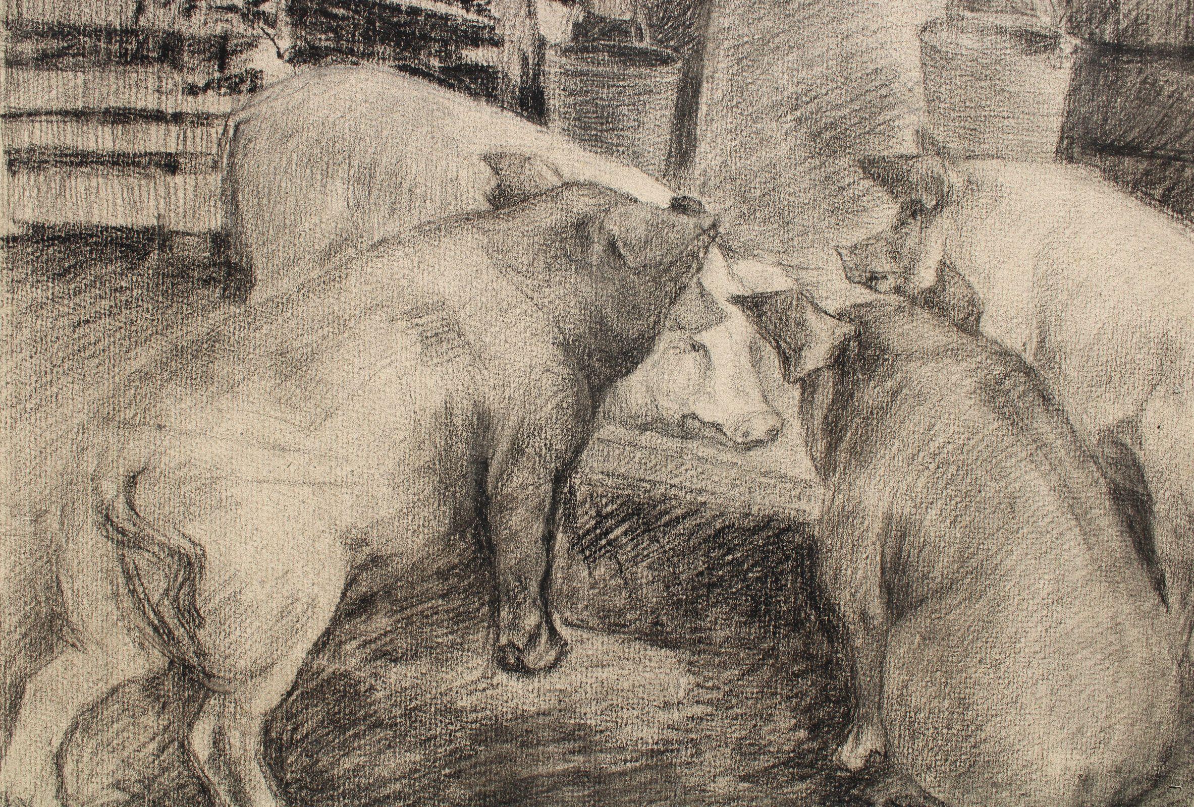 Al trogolo  Carta, carboncino, 51,5x34,5 cm - Figurative Art Marrone di Zigurds Gustins