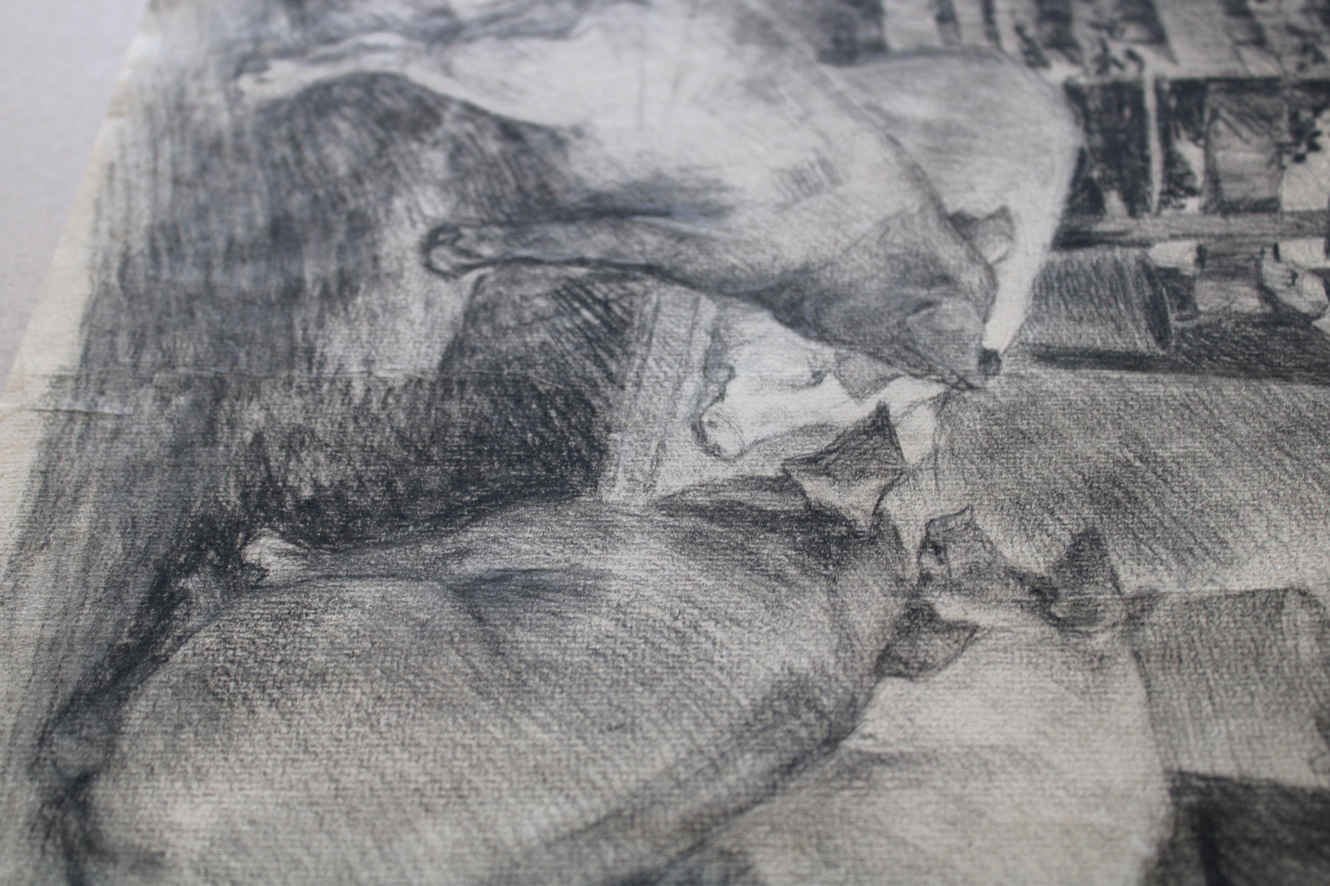 At the trough  Paper, charcoal, 51.5x34.5cm For Sale 3