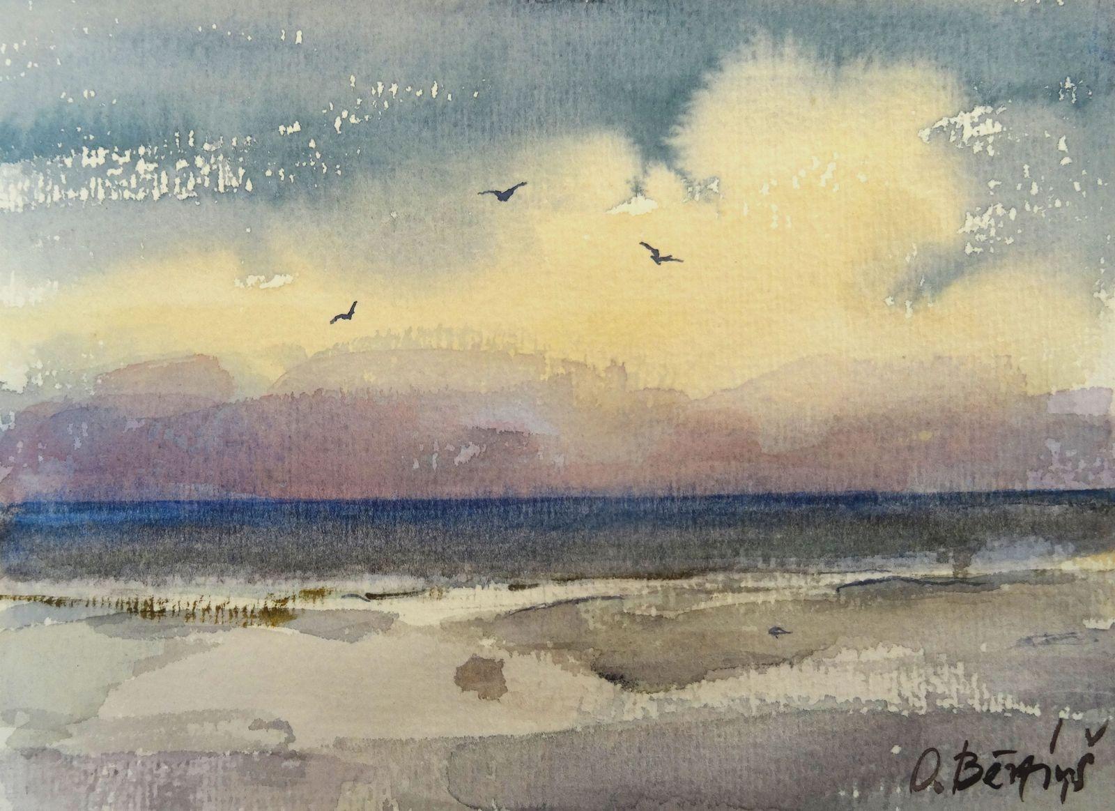 Oskars Berzins Landscape Art - Sea  Paper, mixed media, 15x20 cm