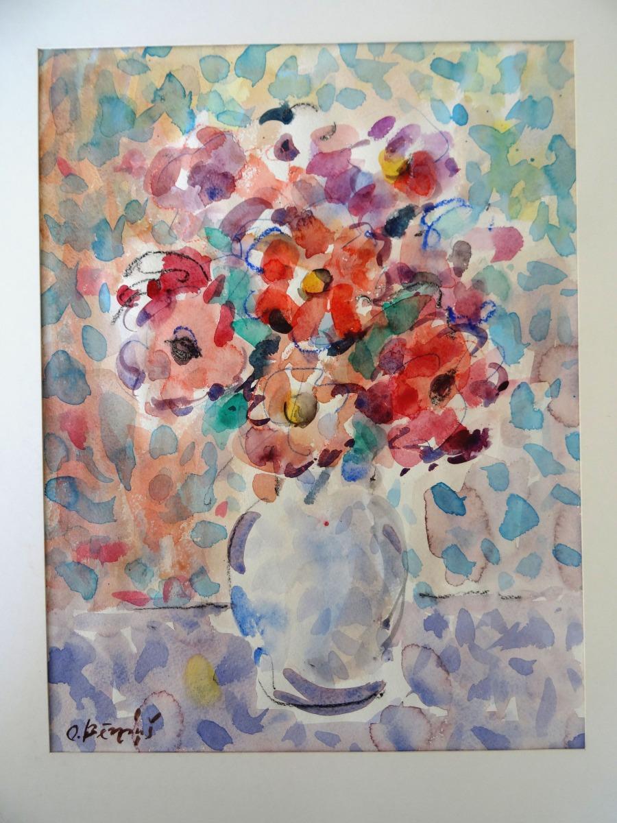 Flowers  Paper, watercolor, 1994, 40x30 cm - Impressionist Art by Oskars Berzins