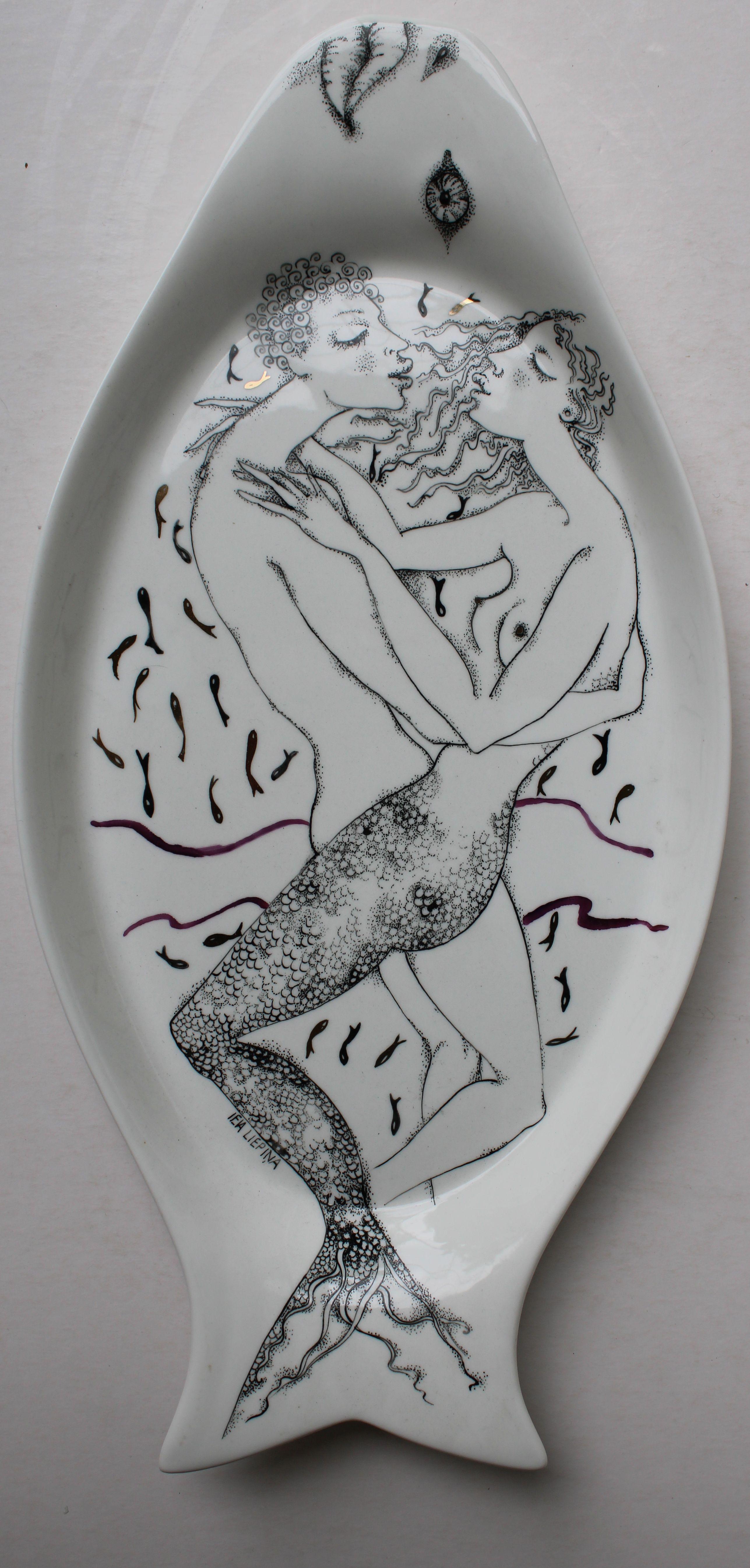  Water  2009, painted porcelain plate, 39х19х2.5 cm - Art by Ieva Liepina