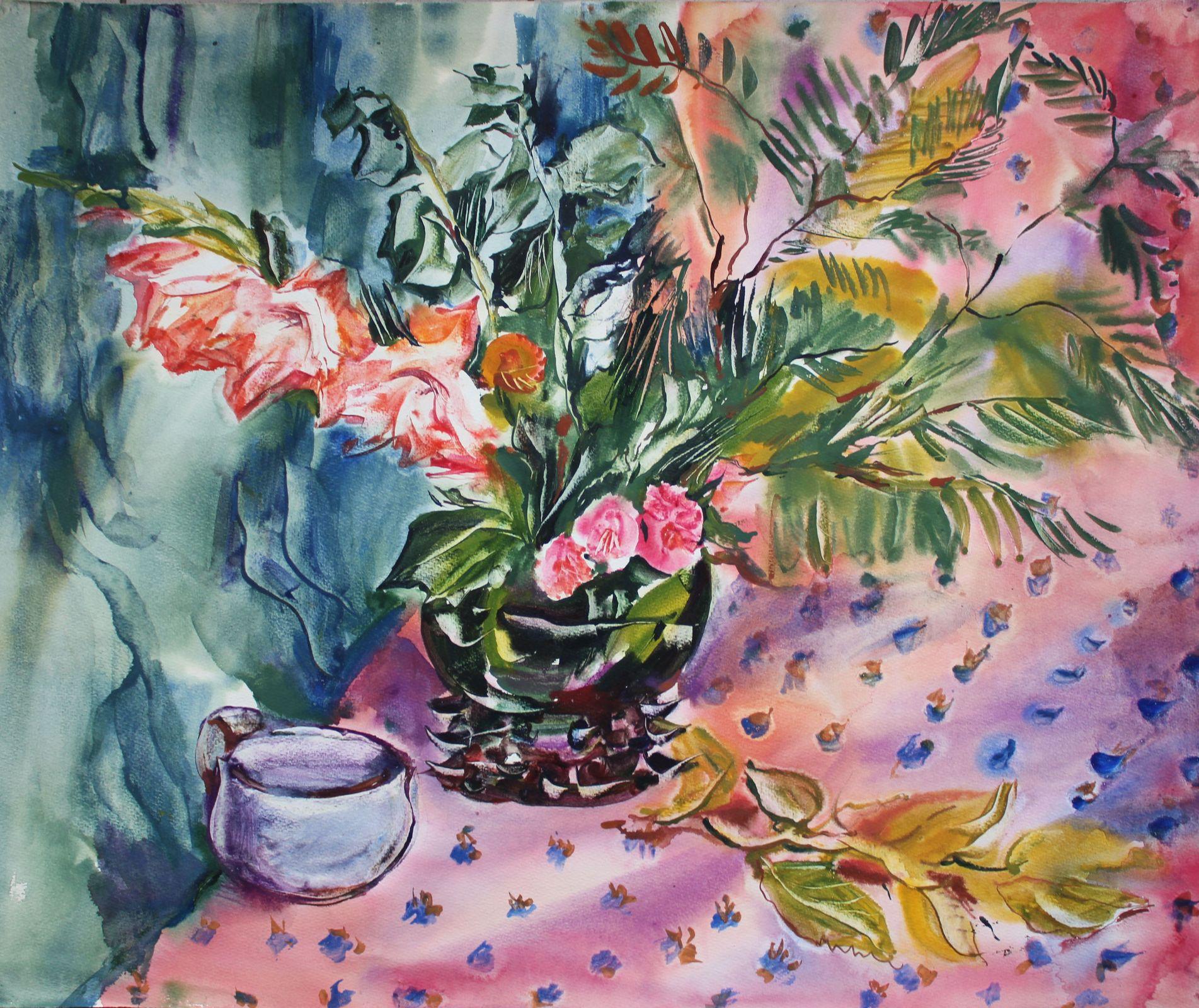 Still life. Paper, watercolor, 72.5x89 cm - Painting by Malda Muizule