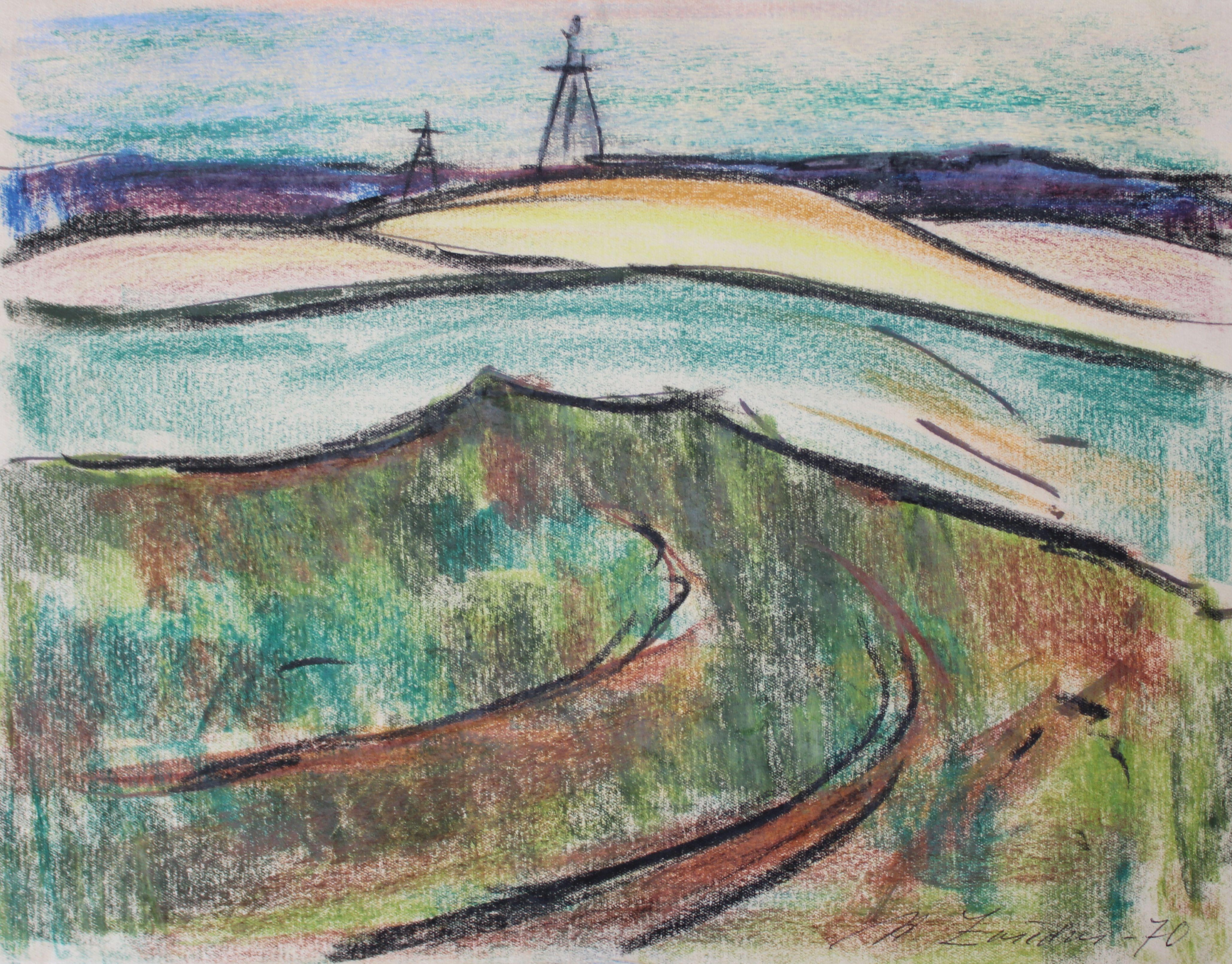 Aleksandrs Zviedris  Landscape Art - The countryside. 1970. Paper, crayons, 24.5x32 cm