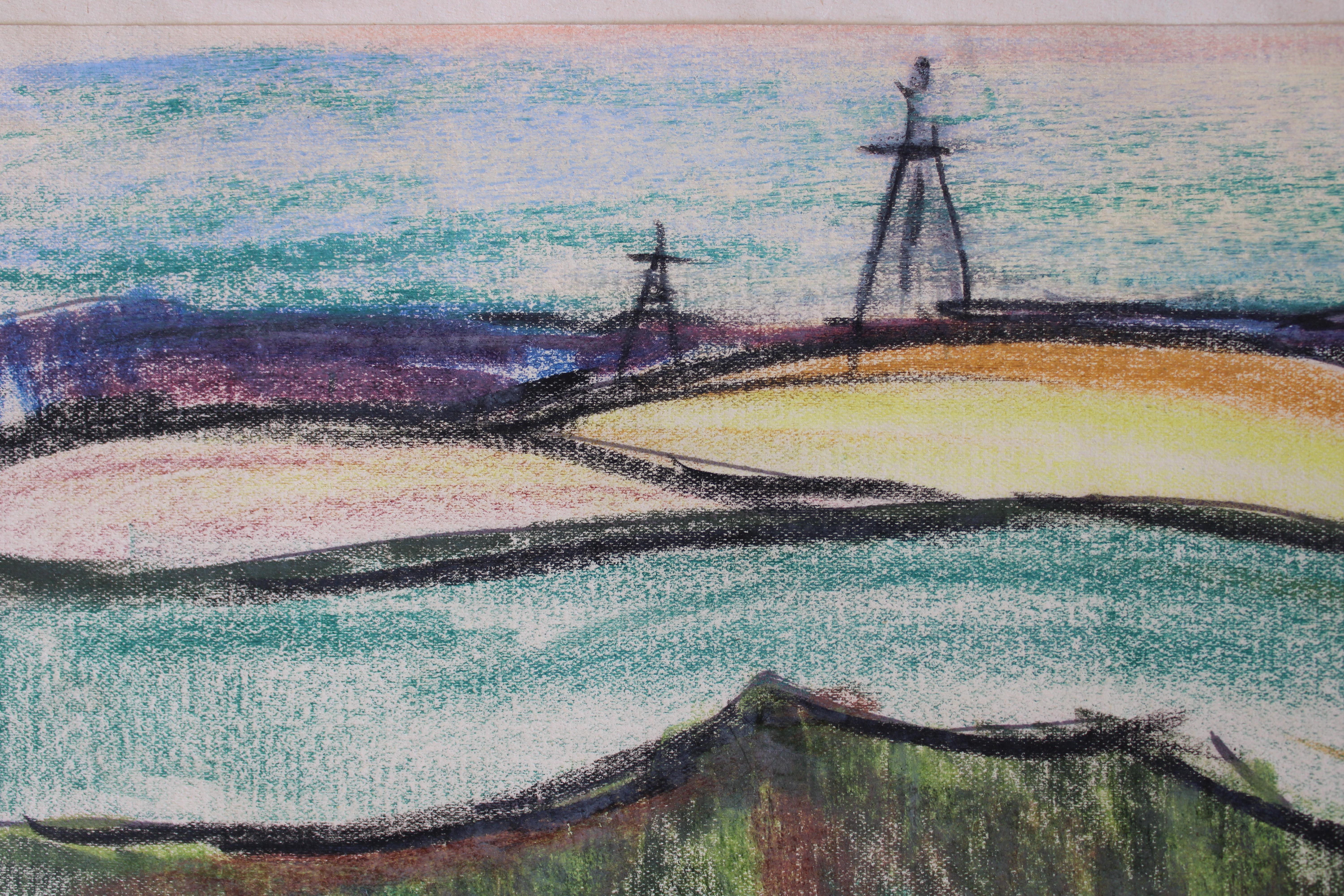 The countryside. 1970. Paper, crayons, 24.5x32 cm - Impressionist Art by Aleksandrs Zviedris 