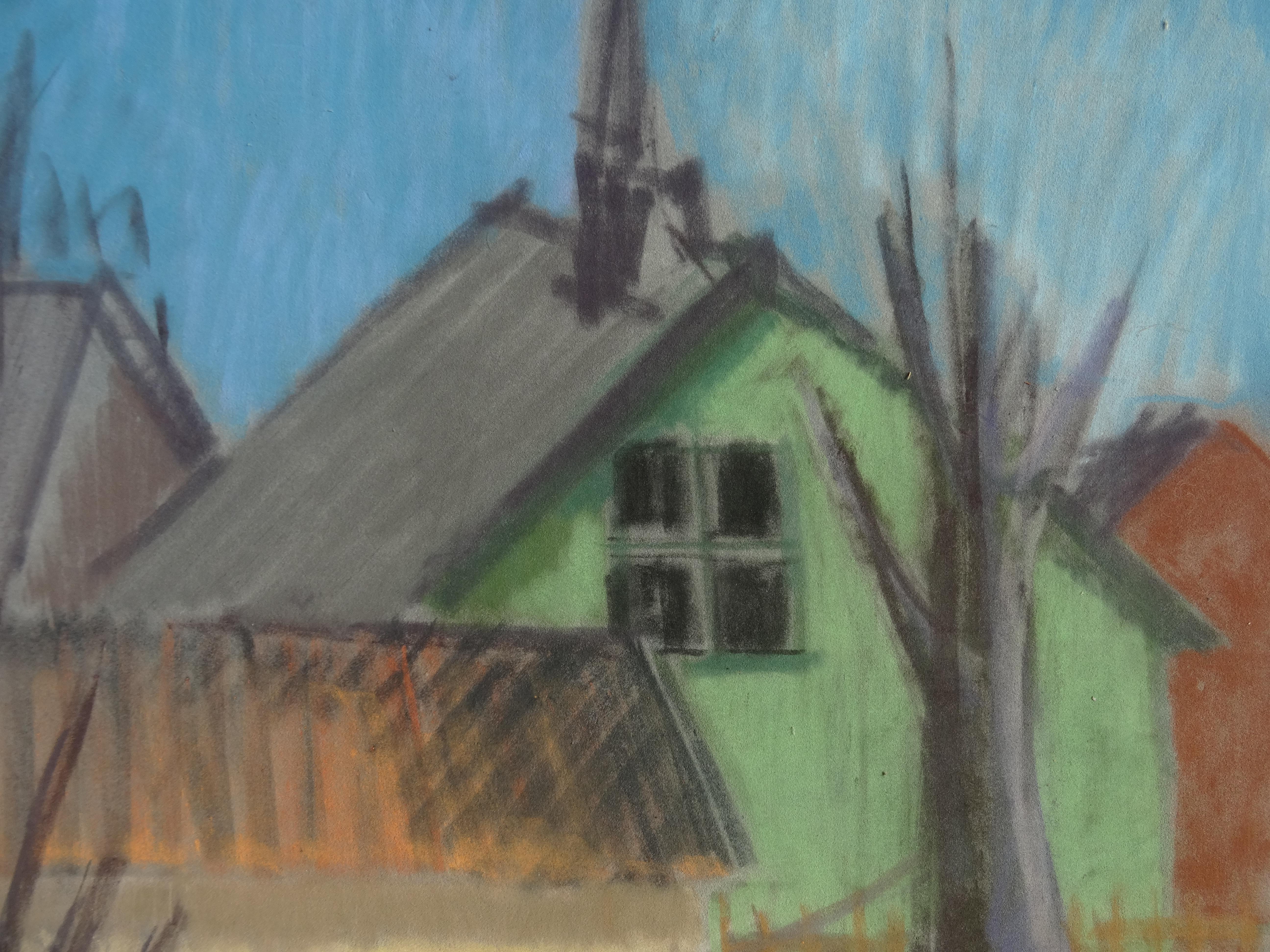 In the yard  1950. Pastel on paper, 65x49.5 cm - Impressionist Art by Laris Strunke