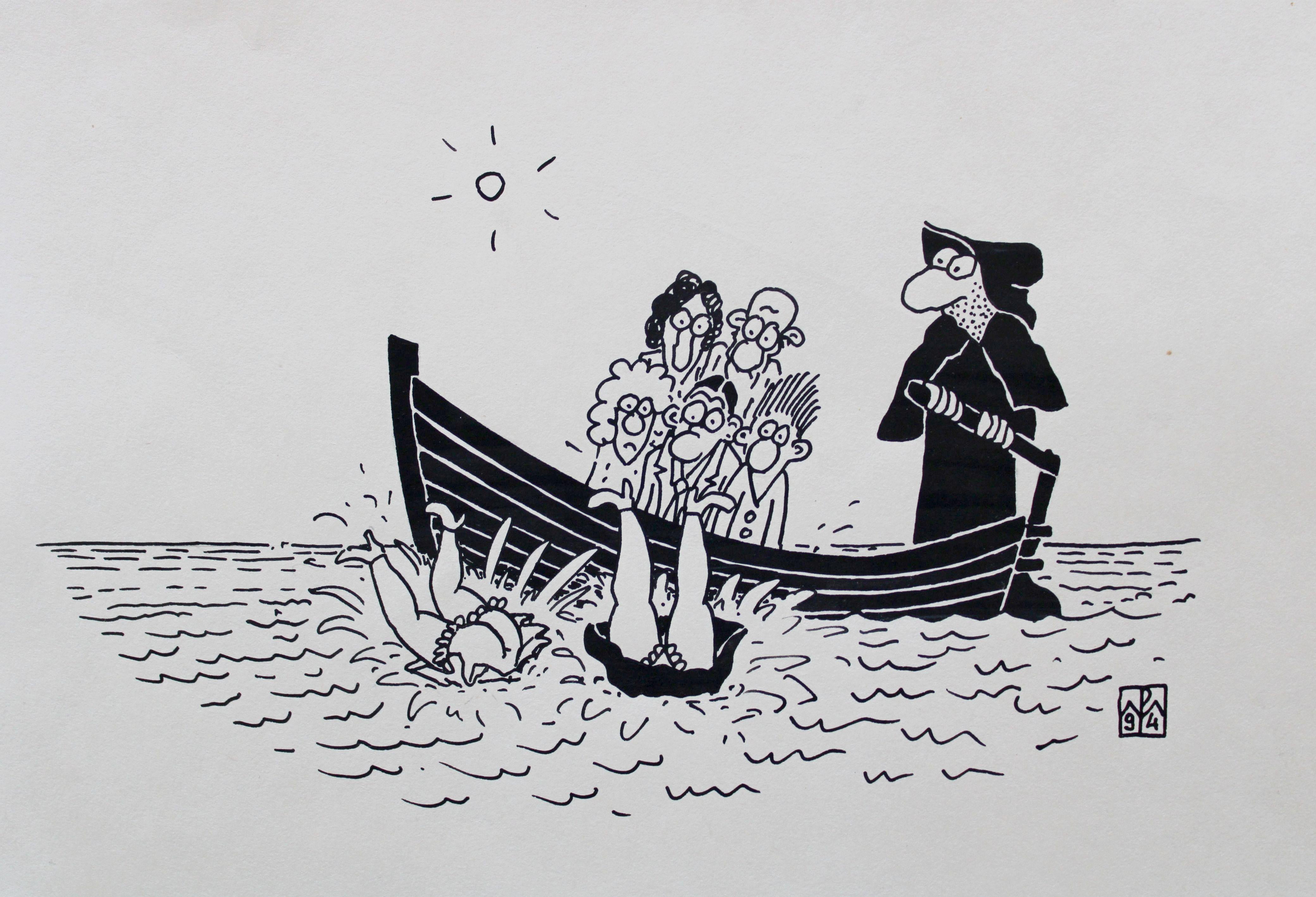 Maris Putnins Figurative Art - Overboard...  1994. Paper, ink. 17x25 cm