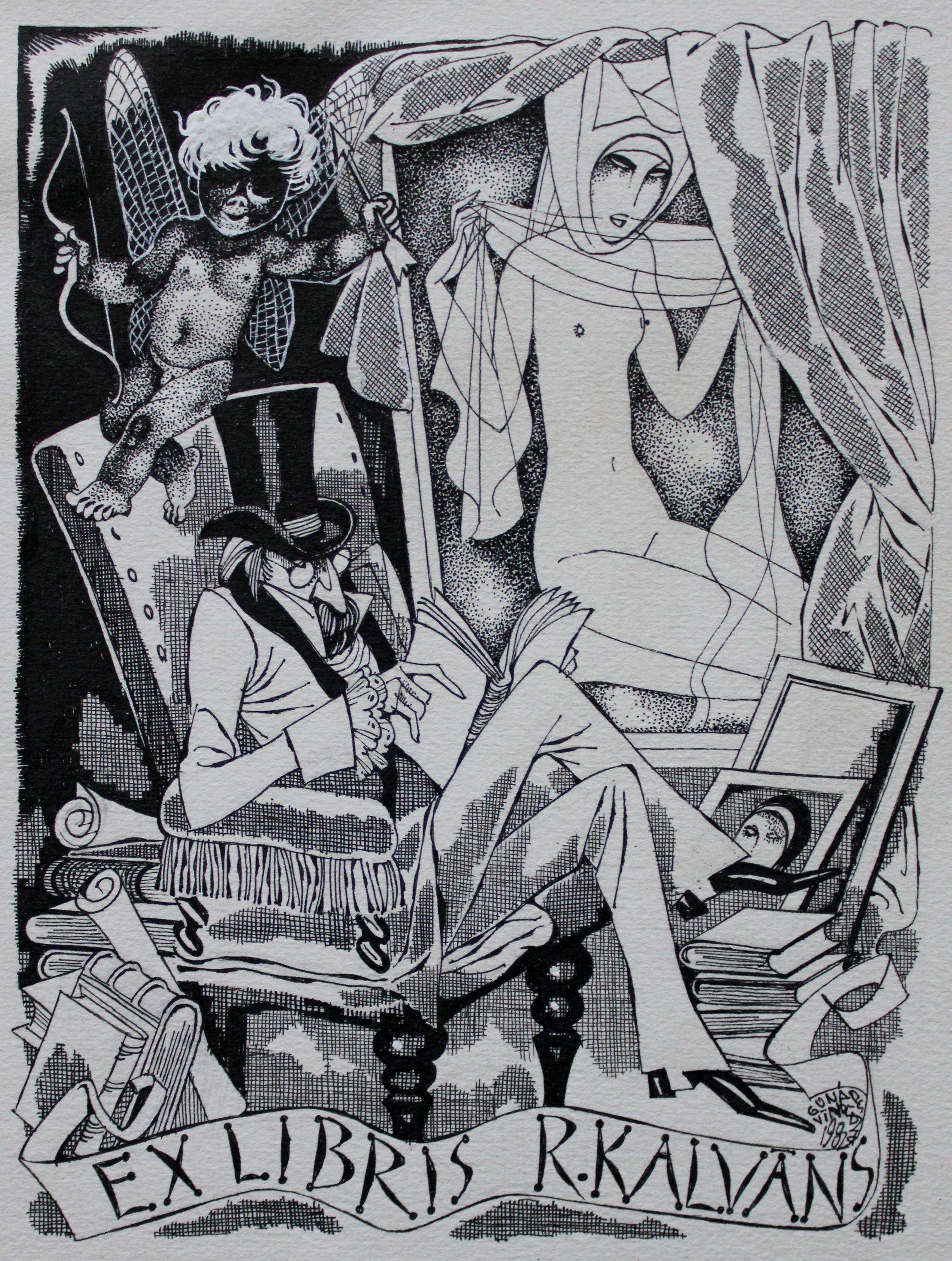 Ex Libris 1982, Papier, Tusche, Gouache, 17,5х13 cm – Art von Gunars Vindedzis 