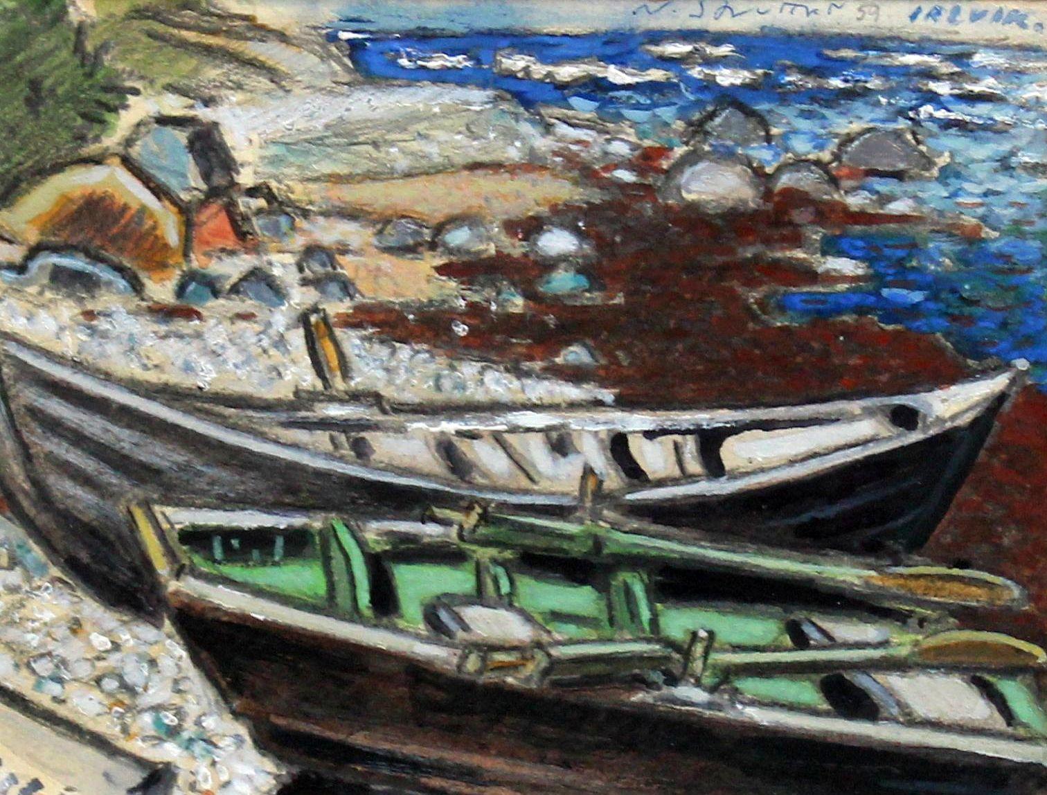 Boats on a rocky coast. 1959. Paper, watercolor, 13.5x17.5 cm