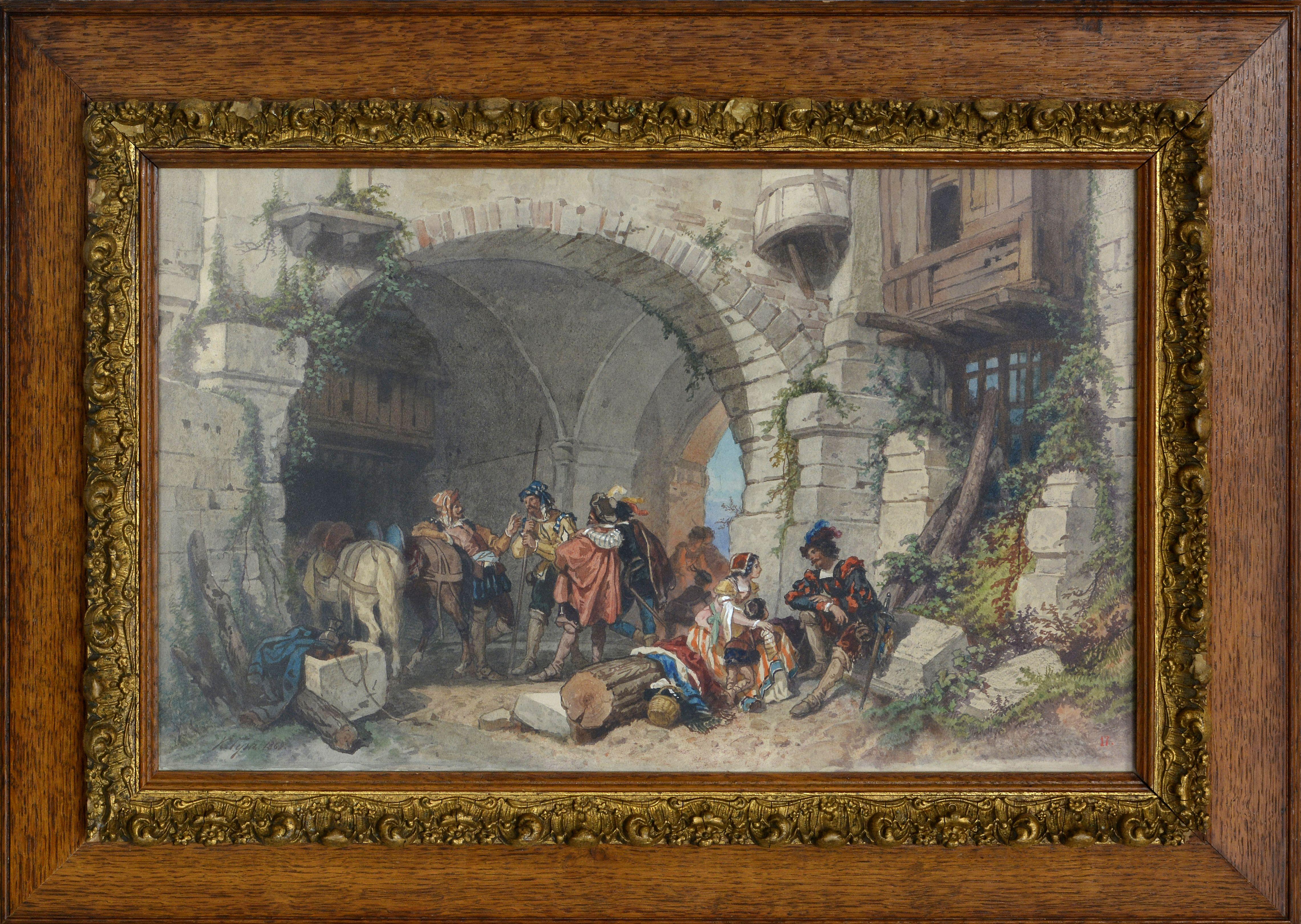 In the yard. 1869, Aquarell auf Papier, 30, 5 x 47, 5 cm (Realismus), Painting, von Carl Jacob Wilhelm Huns