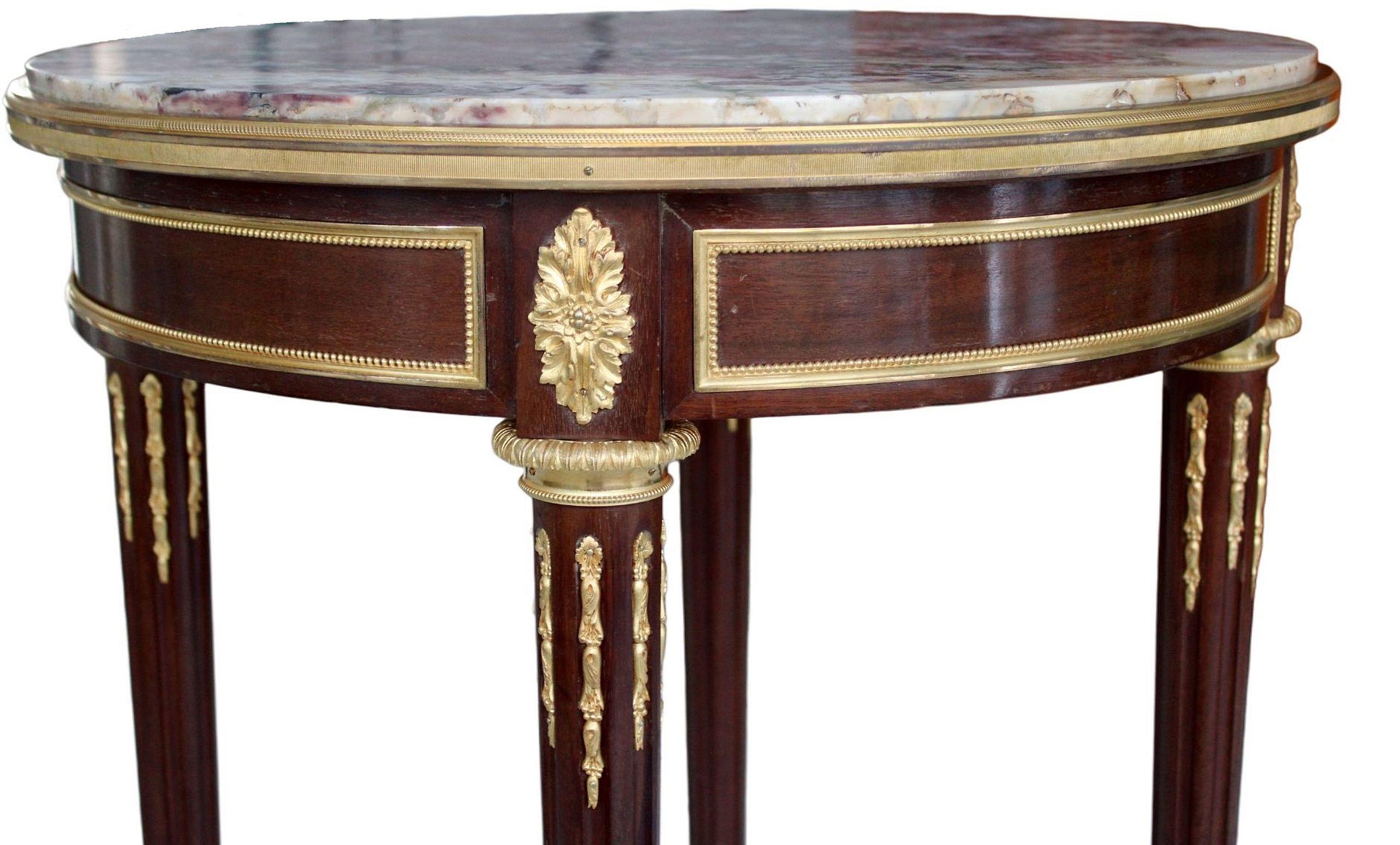 Francis Linke - Table, oak, mahogany, marble, gilded bronze, h 75.5 cm; d 59 cm For Sale 1