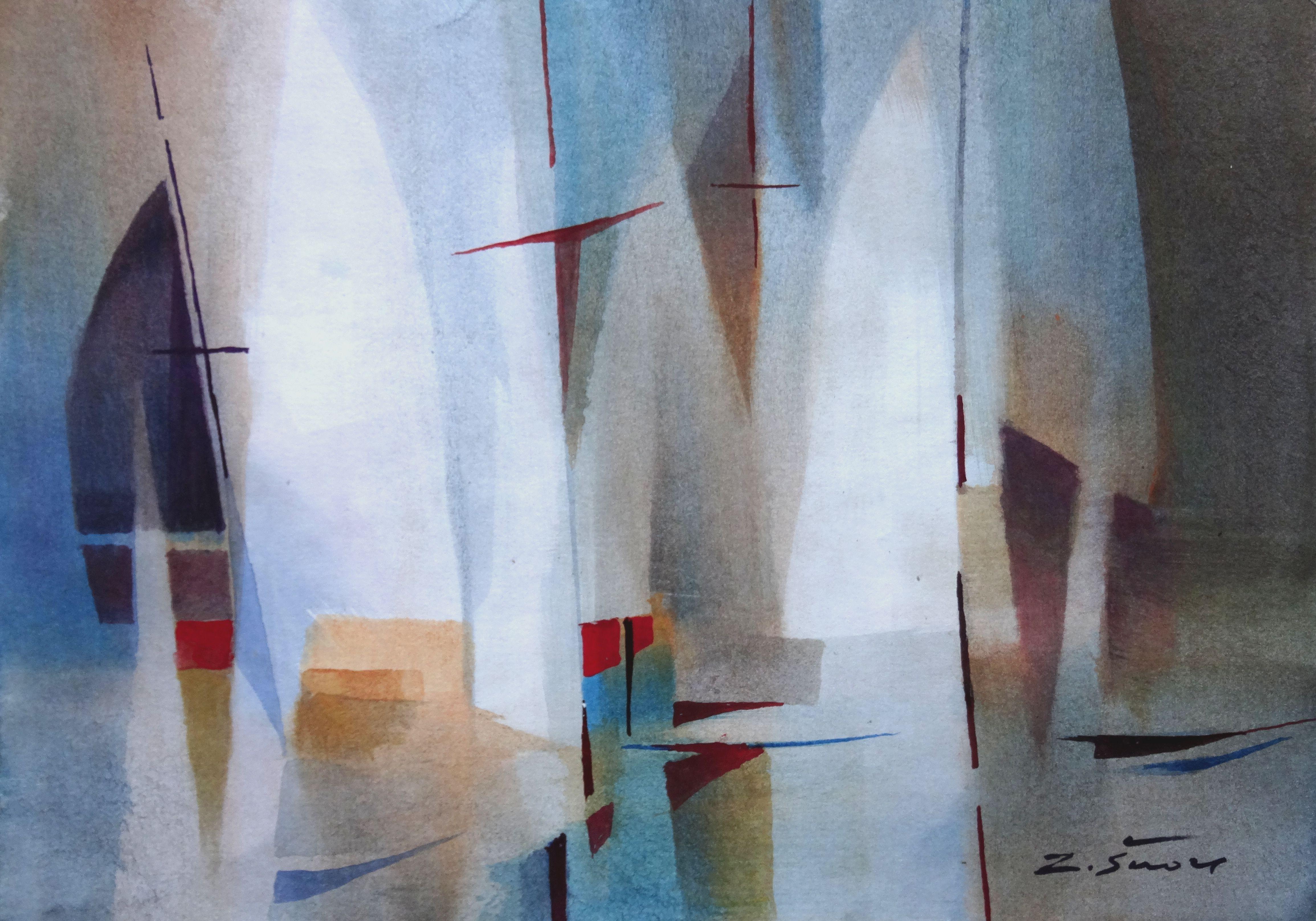 Zigmunds Snore  Landscape Painting – Weiße Segelboote. Aquarell auf Papier, 29,5x41,5 cm