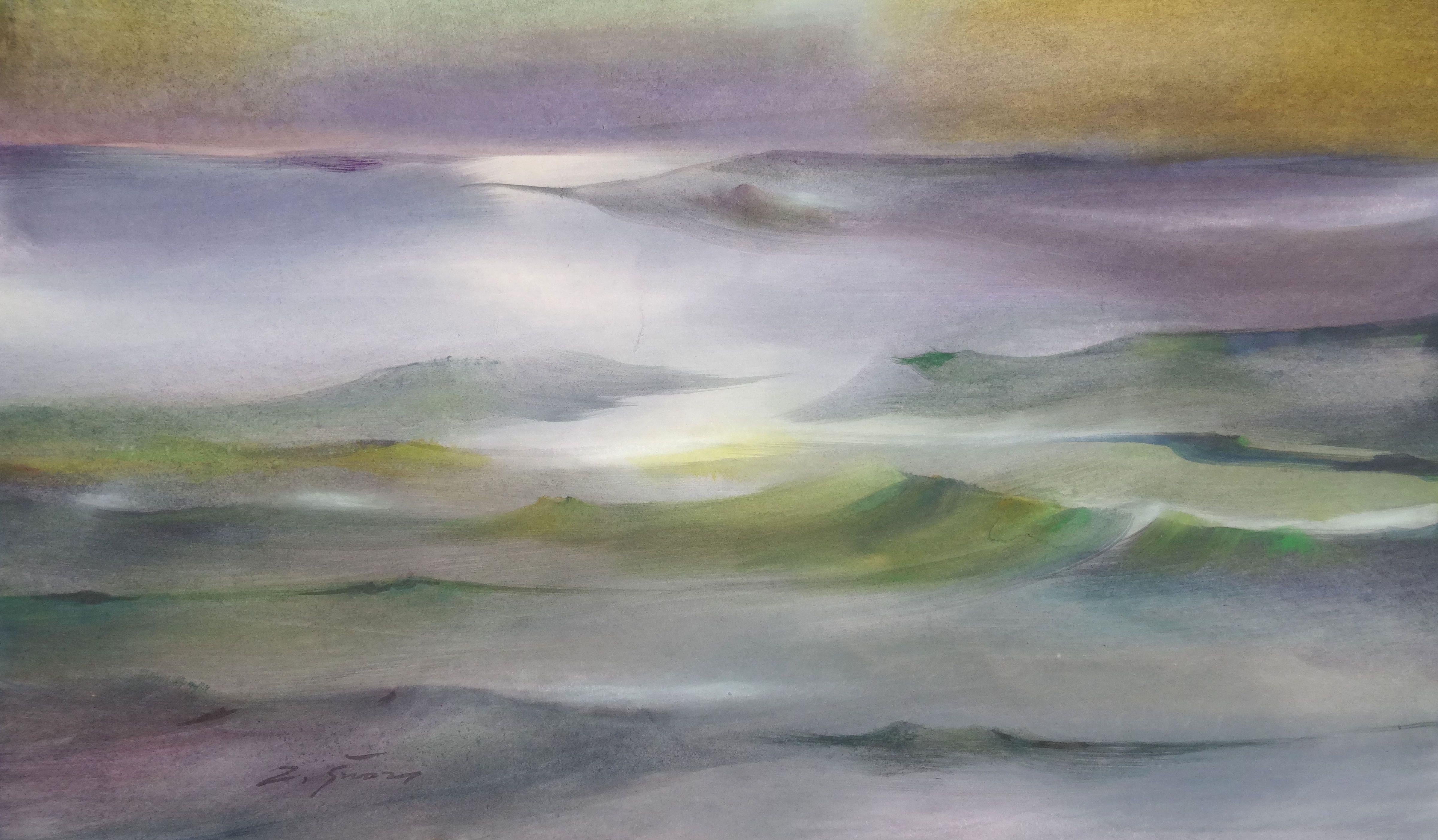 Zigmunds Snore  Landscape Painting – Wellen. Aquarell, Papier, 55 x 93 cm