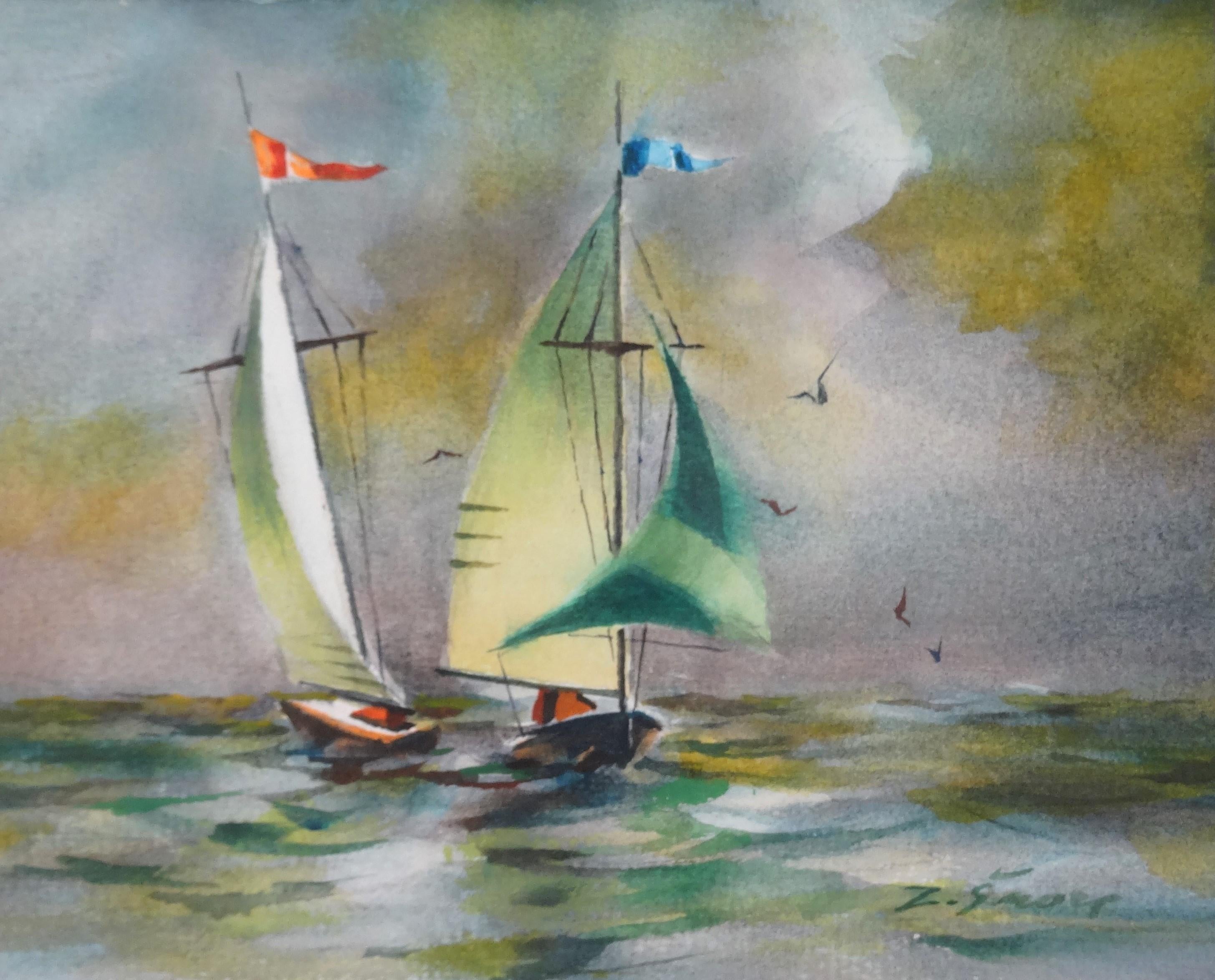 Zigmunds Snore  Landscape Art - Sails. Watercolor, paper, 18, 5 x 23 cm