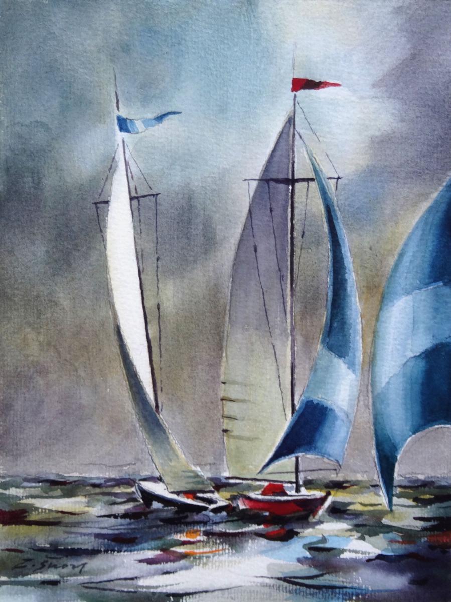 Zigmunds Snore  Landscape Art – Segelboote. Aquarell auf Papier, 24x18 cm